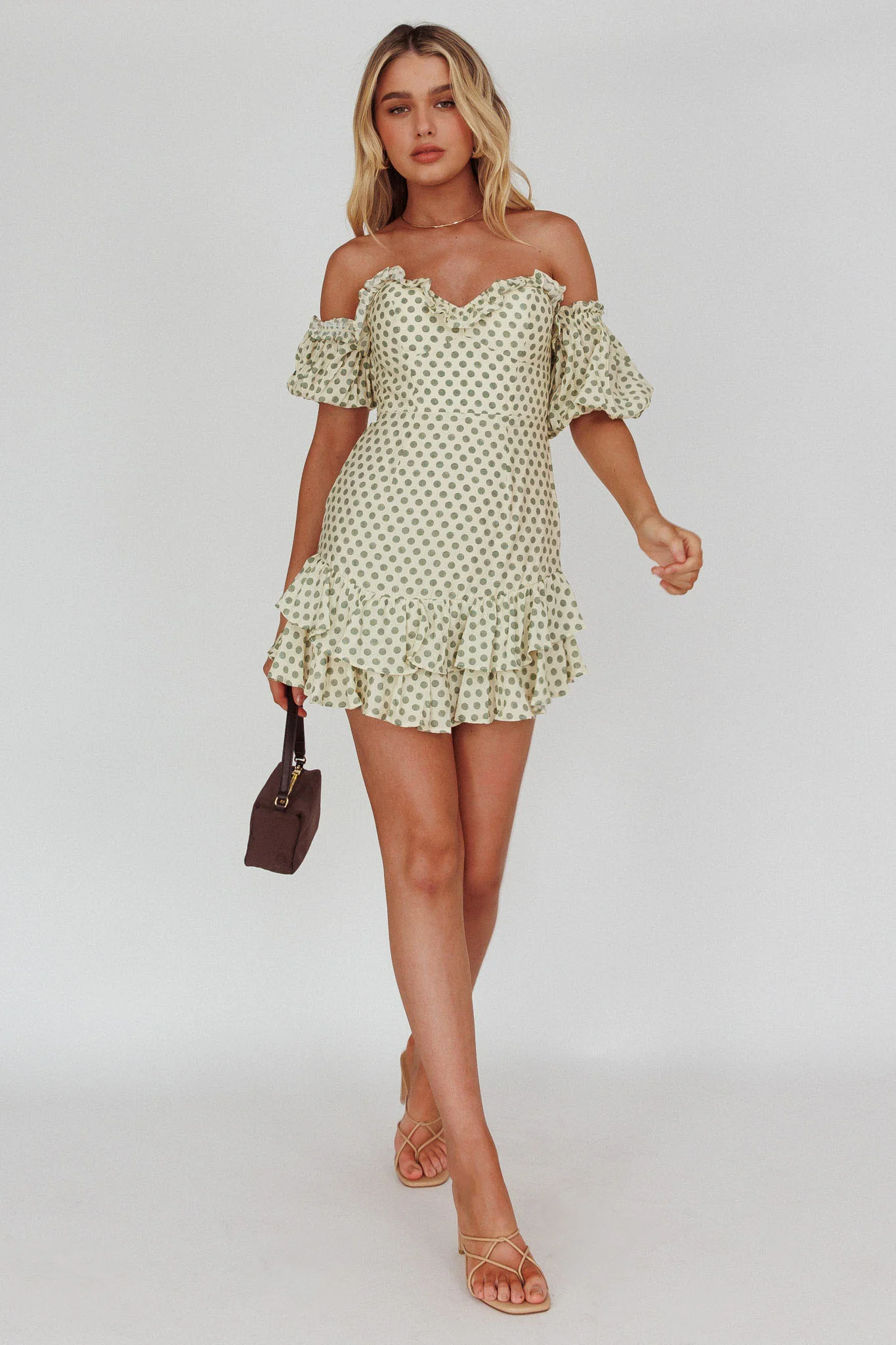 Homecoming Queen Sweetheart Neckline Puff Sleeve Dress Polka Dot Green - Image 3