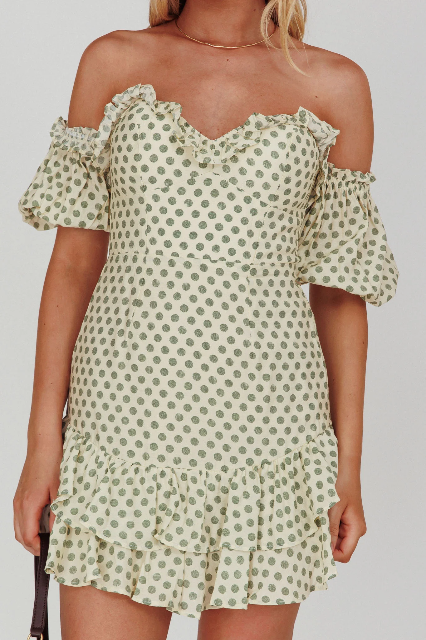 Homecoming Queen Sweetheart Neckline Puff Sleeve Dress Polka Dot Green - Image 4