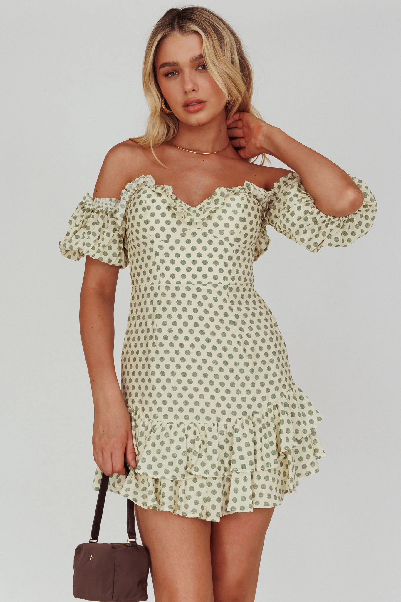 Homecoming Queen Sweetheart Neckline Puff Sleeve Dress Polka Dot Green - Image 5