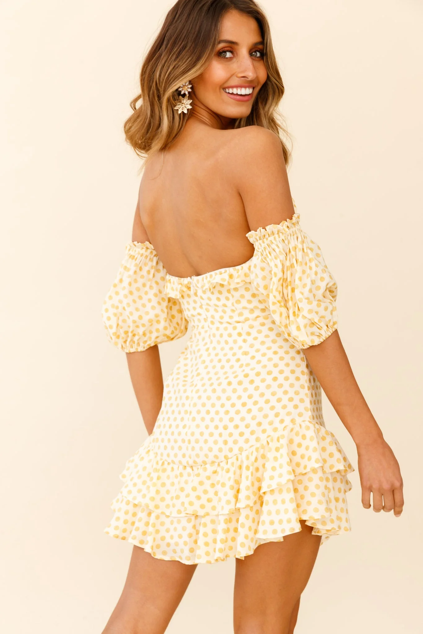 Homecoming Queen Sweetheart Neckline Puff Sleeve Dress Polka Dot Yellow - Image 2