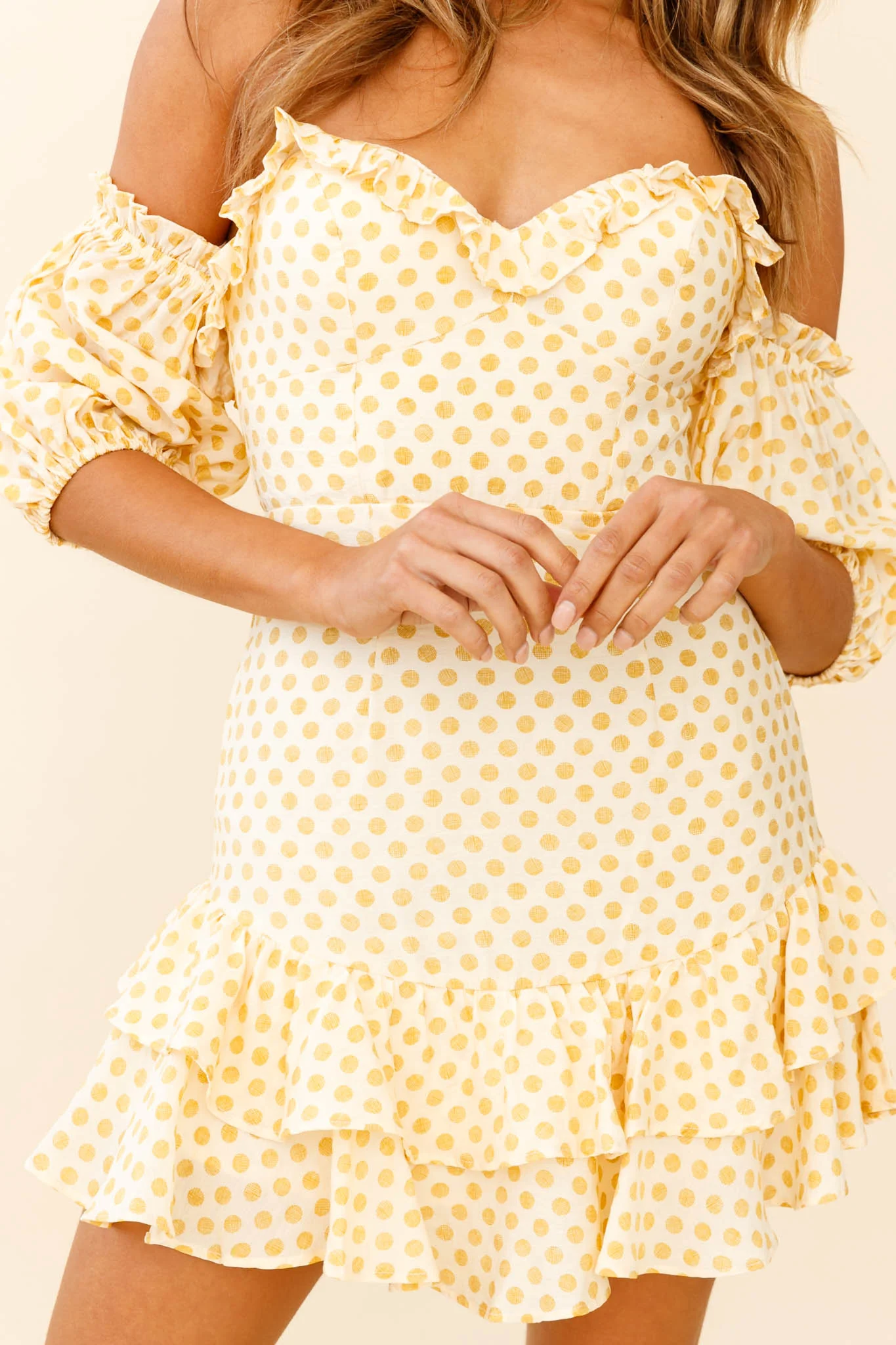 Homecoming Queen Sweetheart Neckline Puff Sleeve Dress Polka Dot Yellow - Image 4