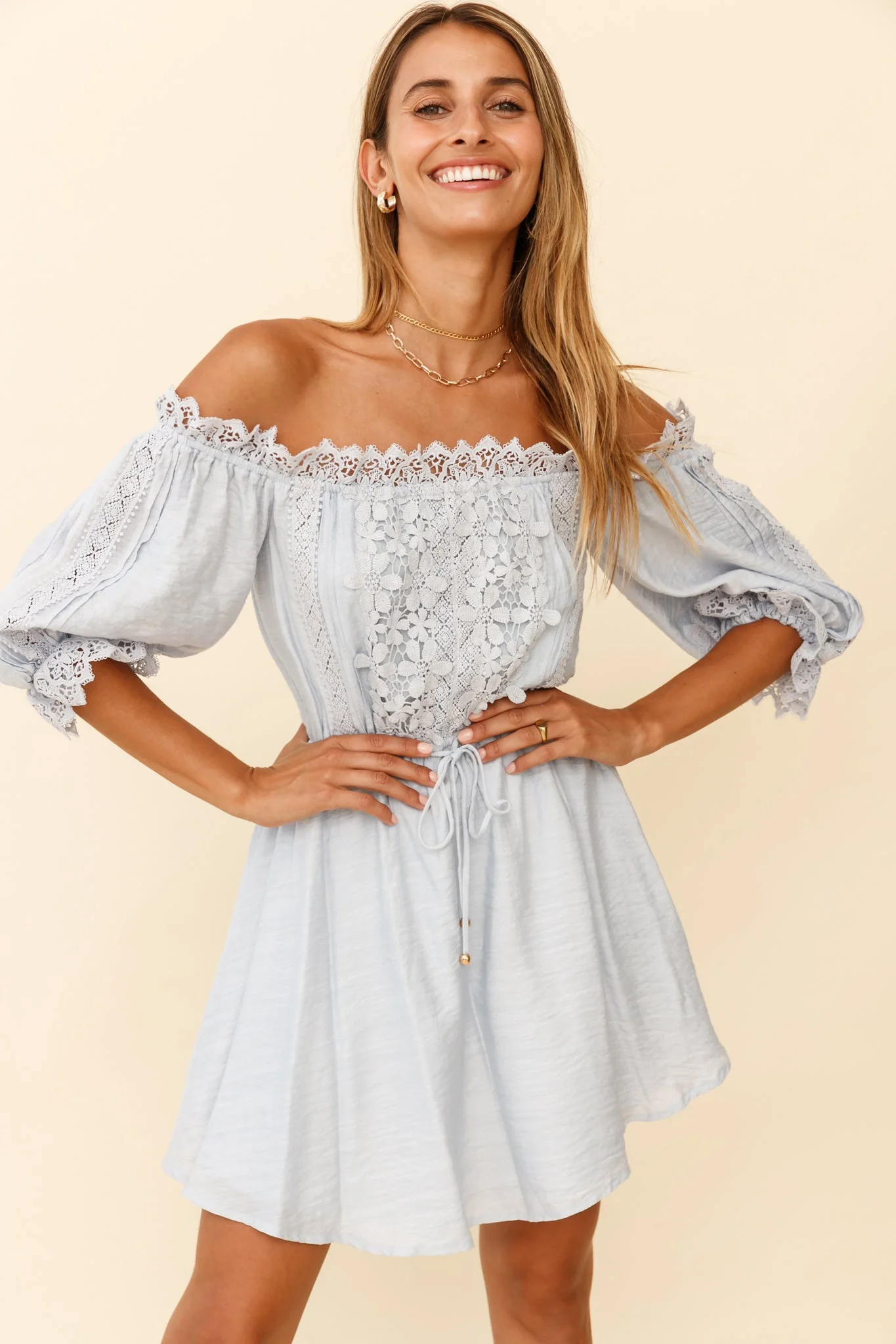 Homeward Off-Shoulder Lace Dress Steel Blue - Image 5