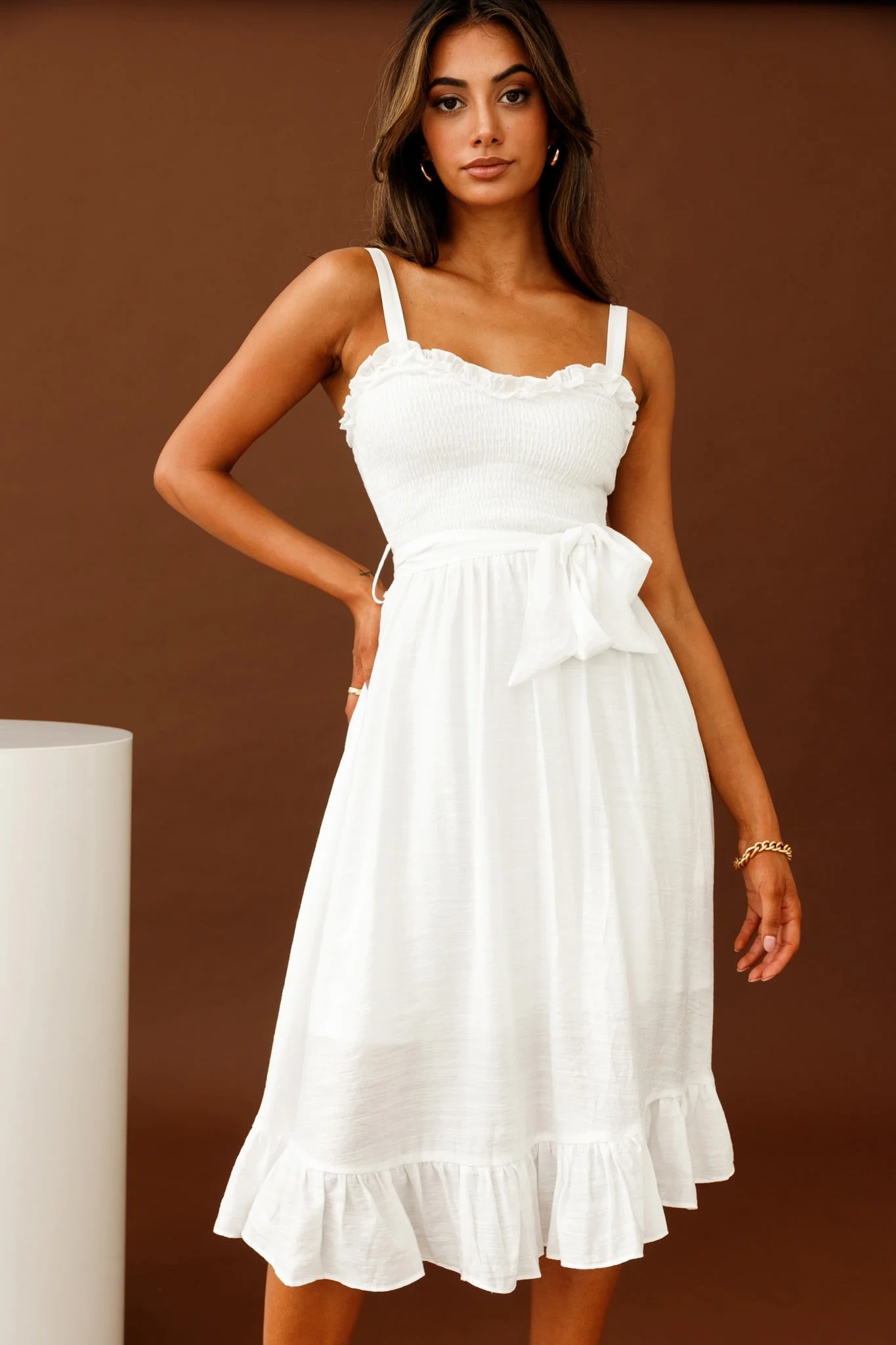 Honey Shirred Frill Midi Dress White - Image 3