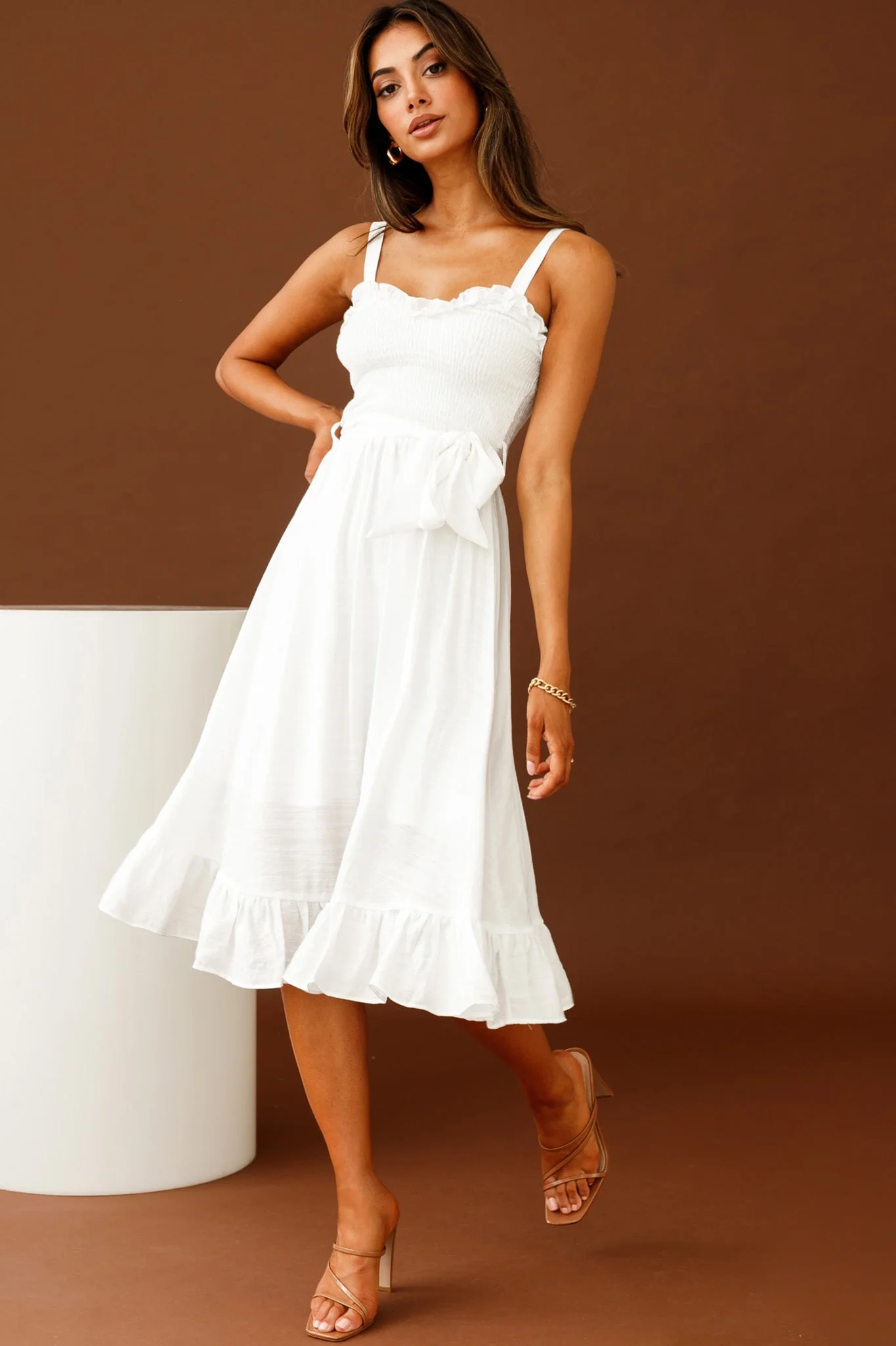 Honey Shirred Frill Midi Dress White - Image 5