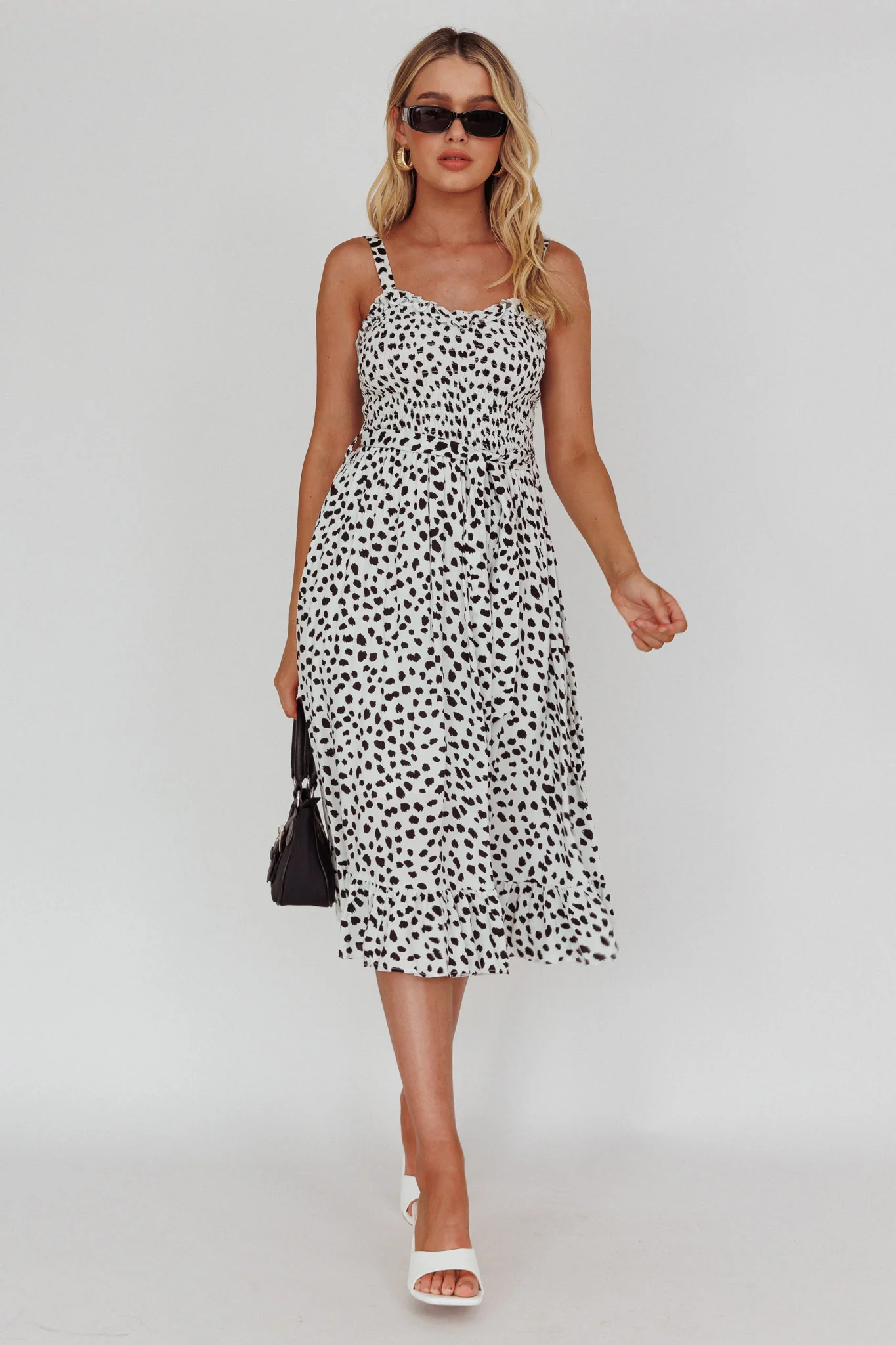 Honey Shirred Frill Midi Dress White/Black - Image 5