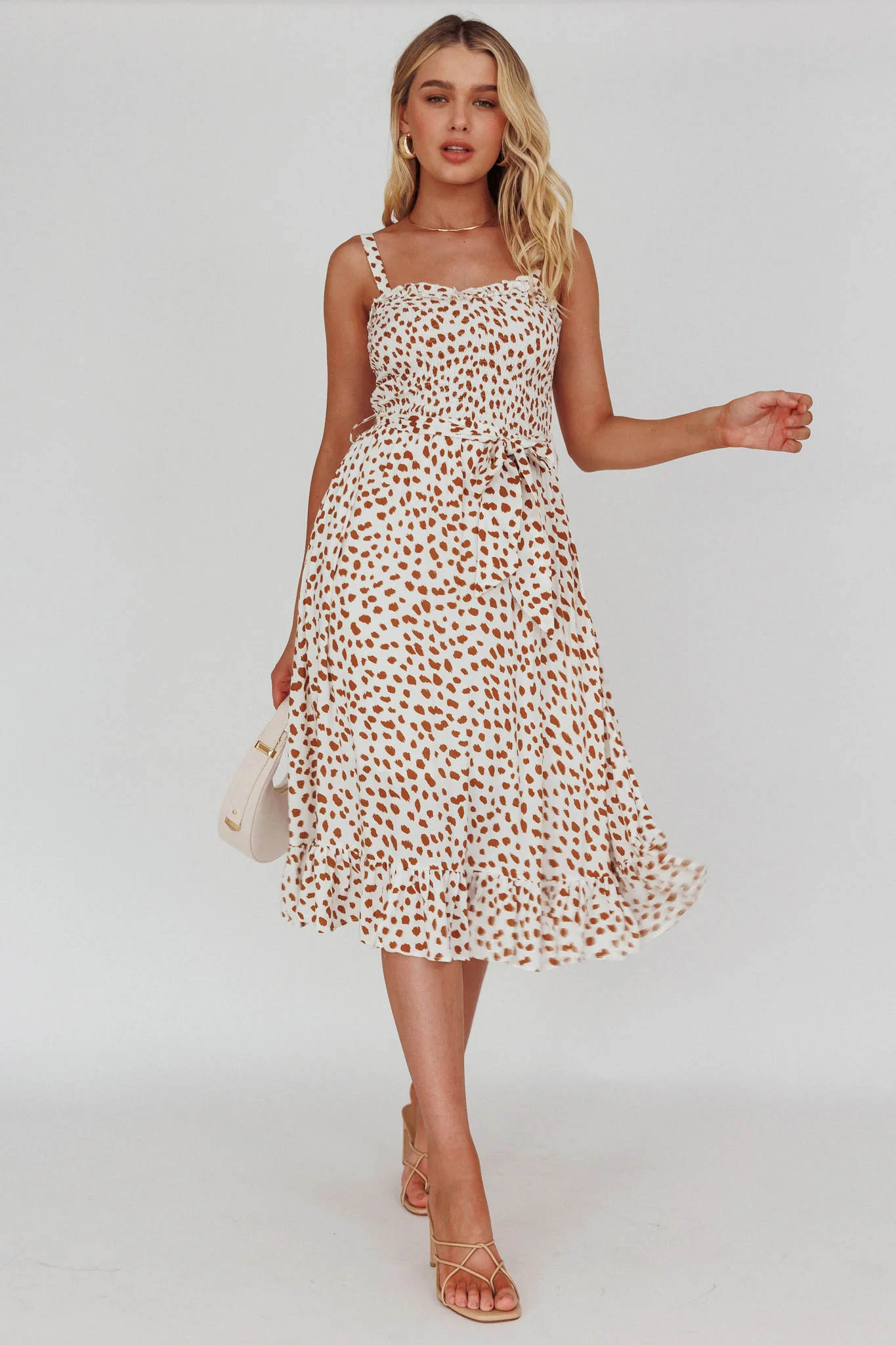 Honey Shirred Frill Midi Dress White/Brown - Image 3