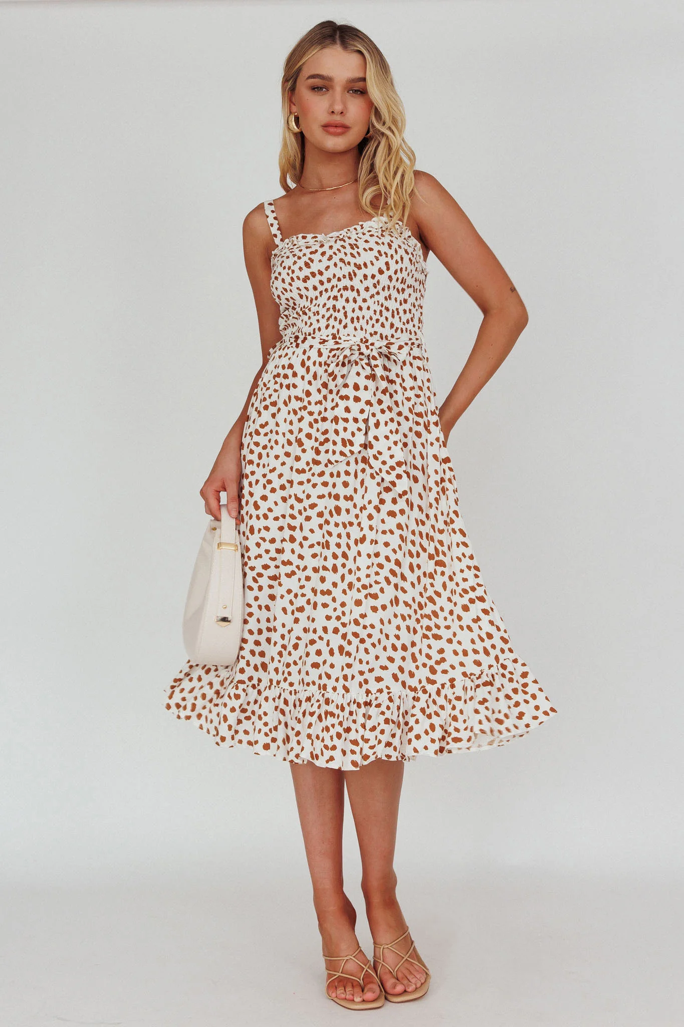 Honey Shirred Frill Midi Dress White/Brown - Image 5
