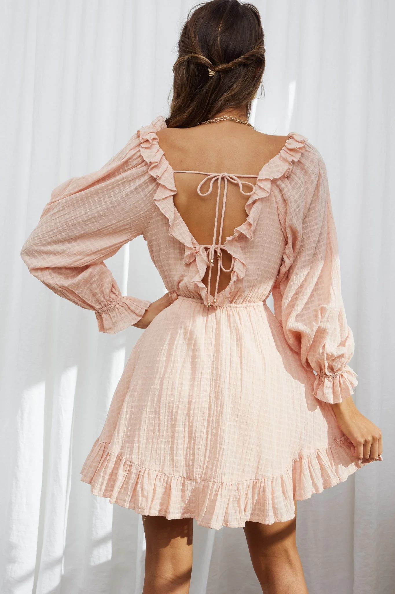 Hooked On A Feeling Long Sleeve String Tie Back Mini Dress Peach - Image 2