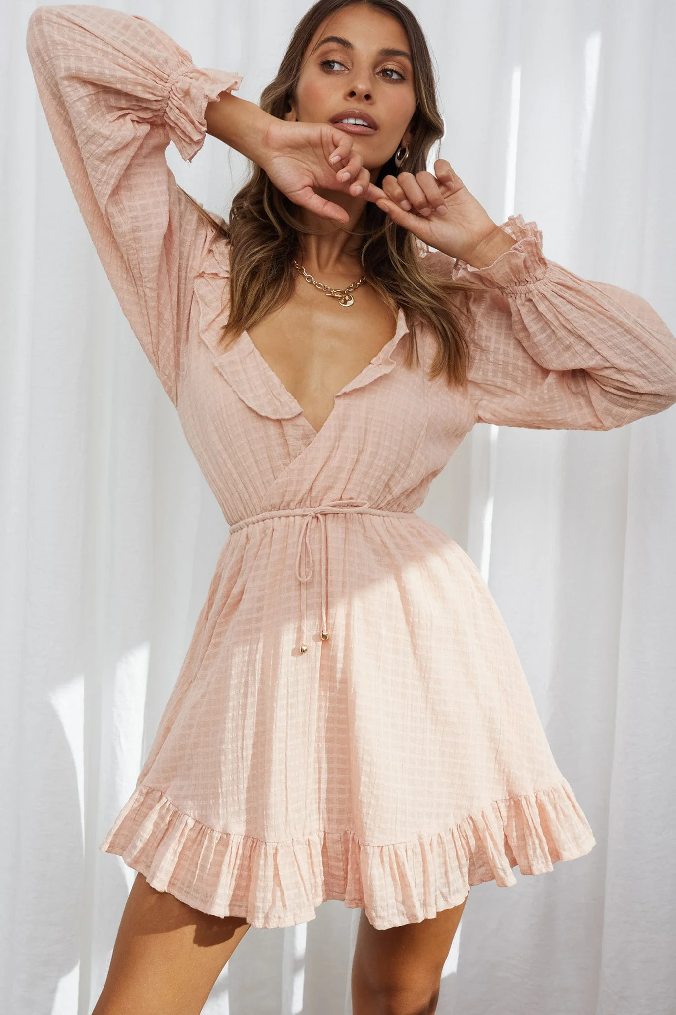 Hooked On A Feeling Long Sleeve String Tie Back Mini Dress Peach - Image 4