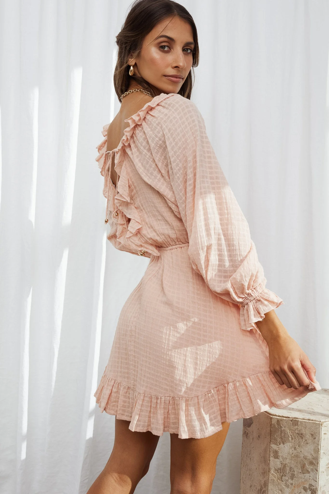 Hooked On A Feeling Long Sleeve String Tie Back Mini Dress Peach - Image 6