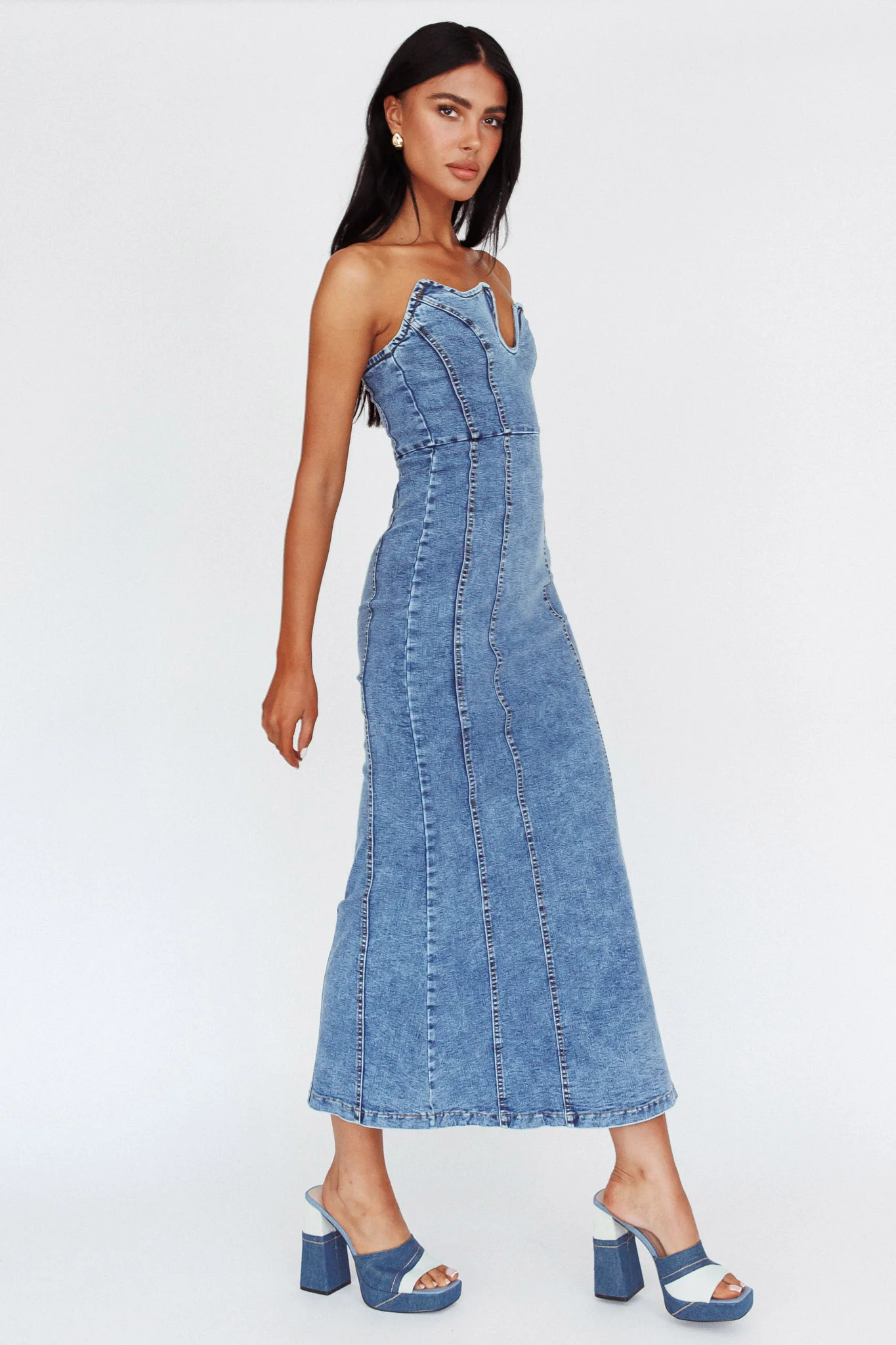 Horizon Strapless Wavy Neckline Midi Denim Blue - Image 3