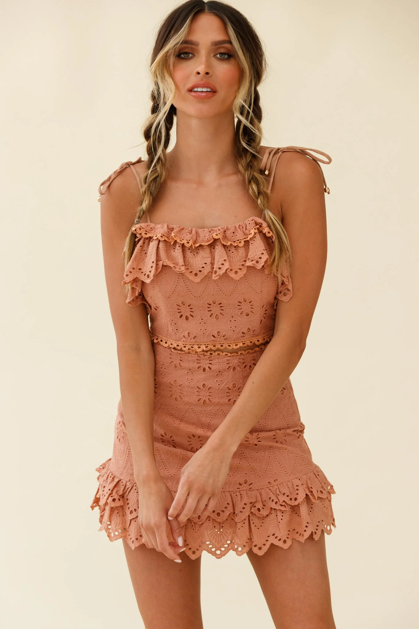 Houston Scalloped Hem Broderie Anglaise Mini Skirt Tan - Image 4