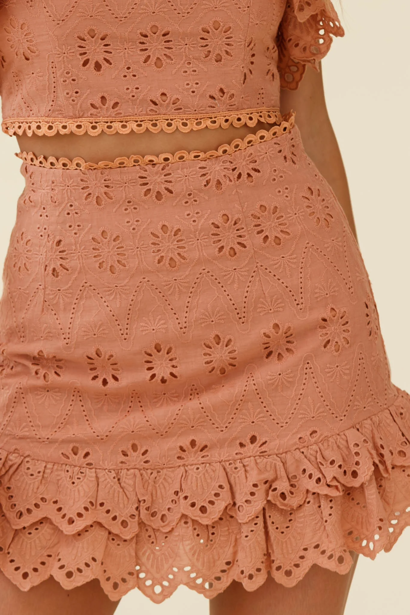 Houston Scalloped Hem Broderie Anglaise Mini Skirt Tan - Image 5