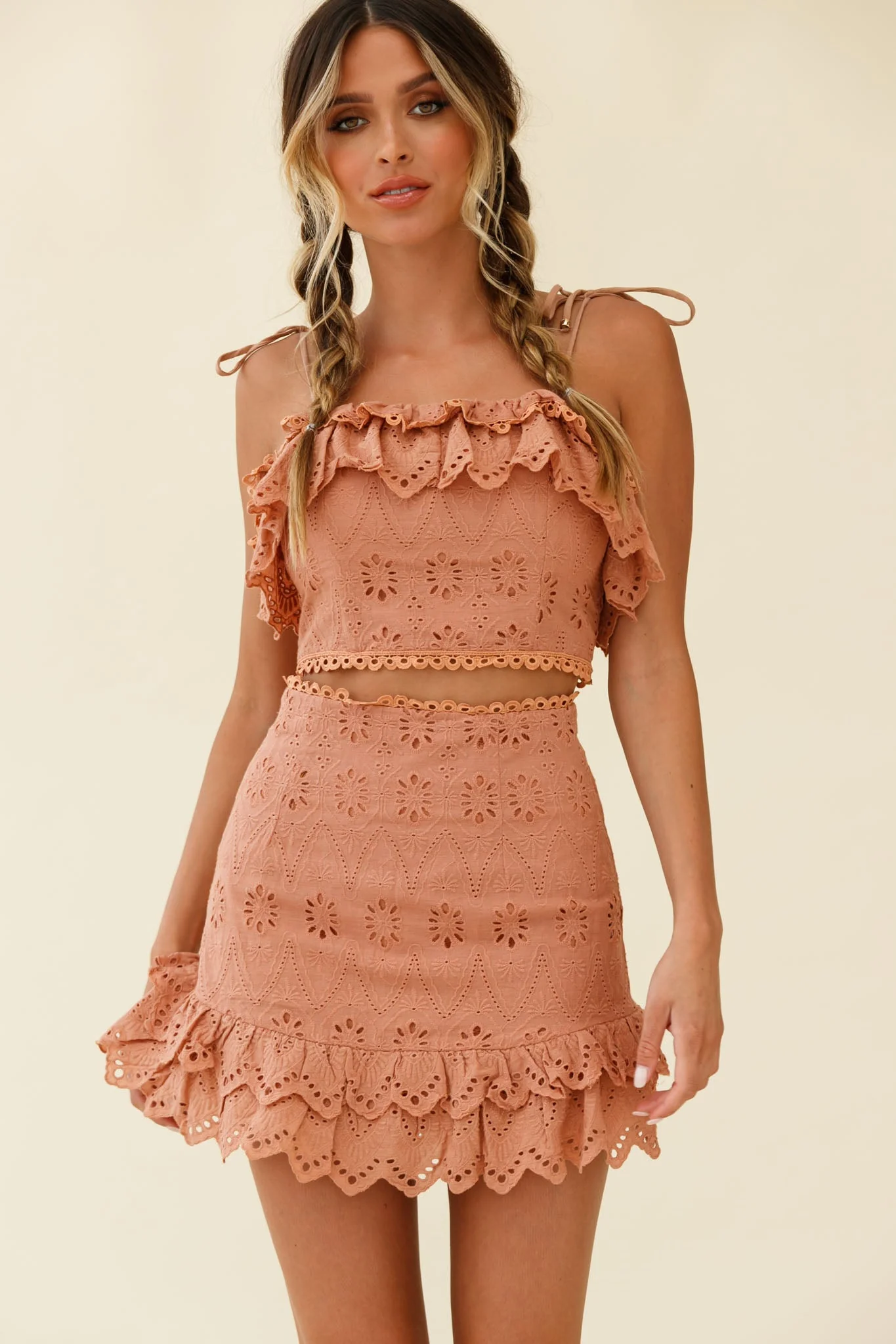 Houston Scalloped Hem Broderie Anglaise Mini Skirt Tan - Image 6
