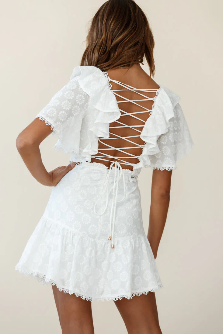 How Romantic Flounce Sleeve Lace-Up Back Dress Floral Embossed White - Image 2