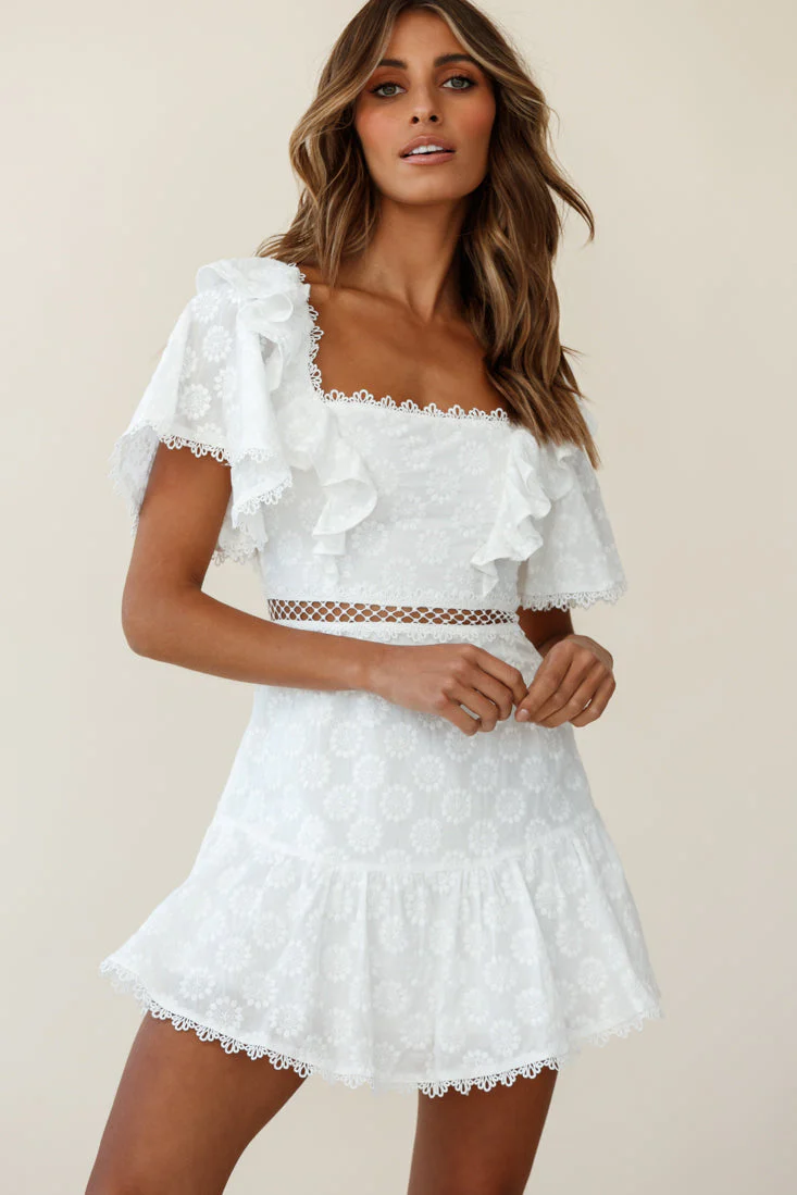 How Romantic Flounce Sleeve Lace-Up Back Dress Floral Embossed White - Image 4
