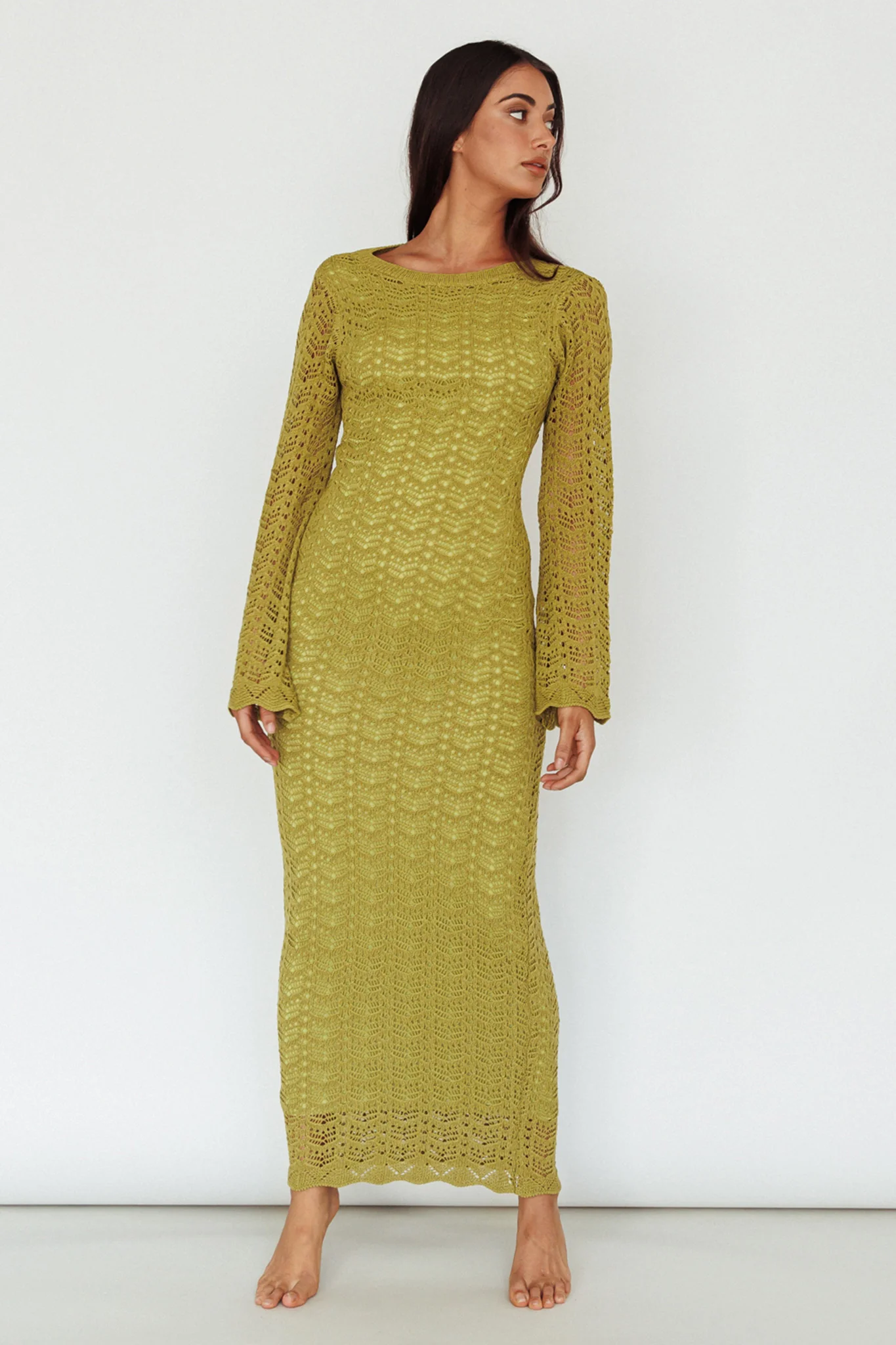 Hyland Open Back Crochet Maxi Dress Olive - Image 4