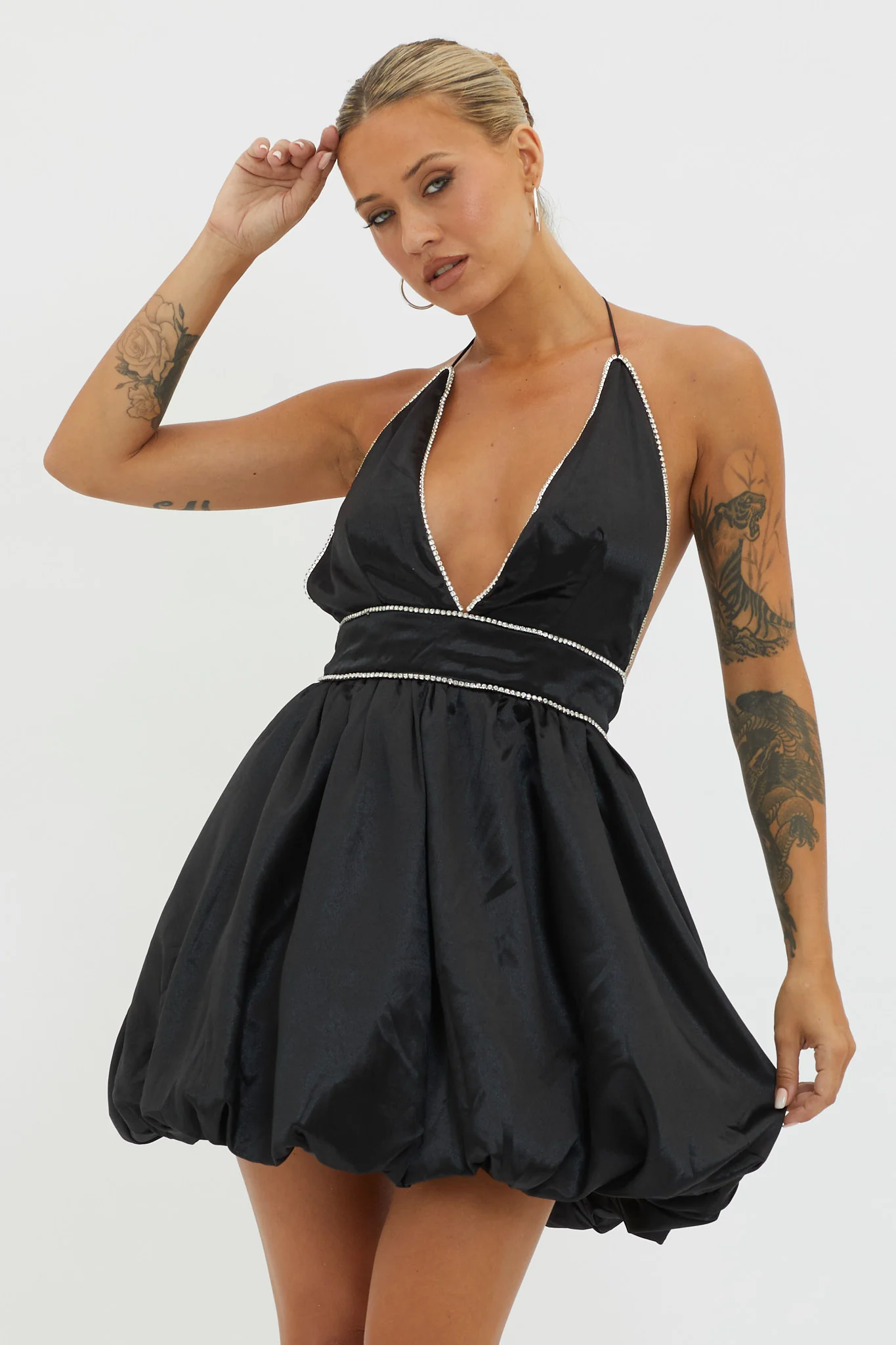I Can Explain Diamante Bubble Hem Dress Black - Image 6