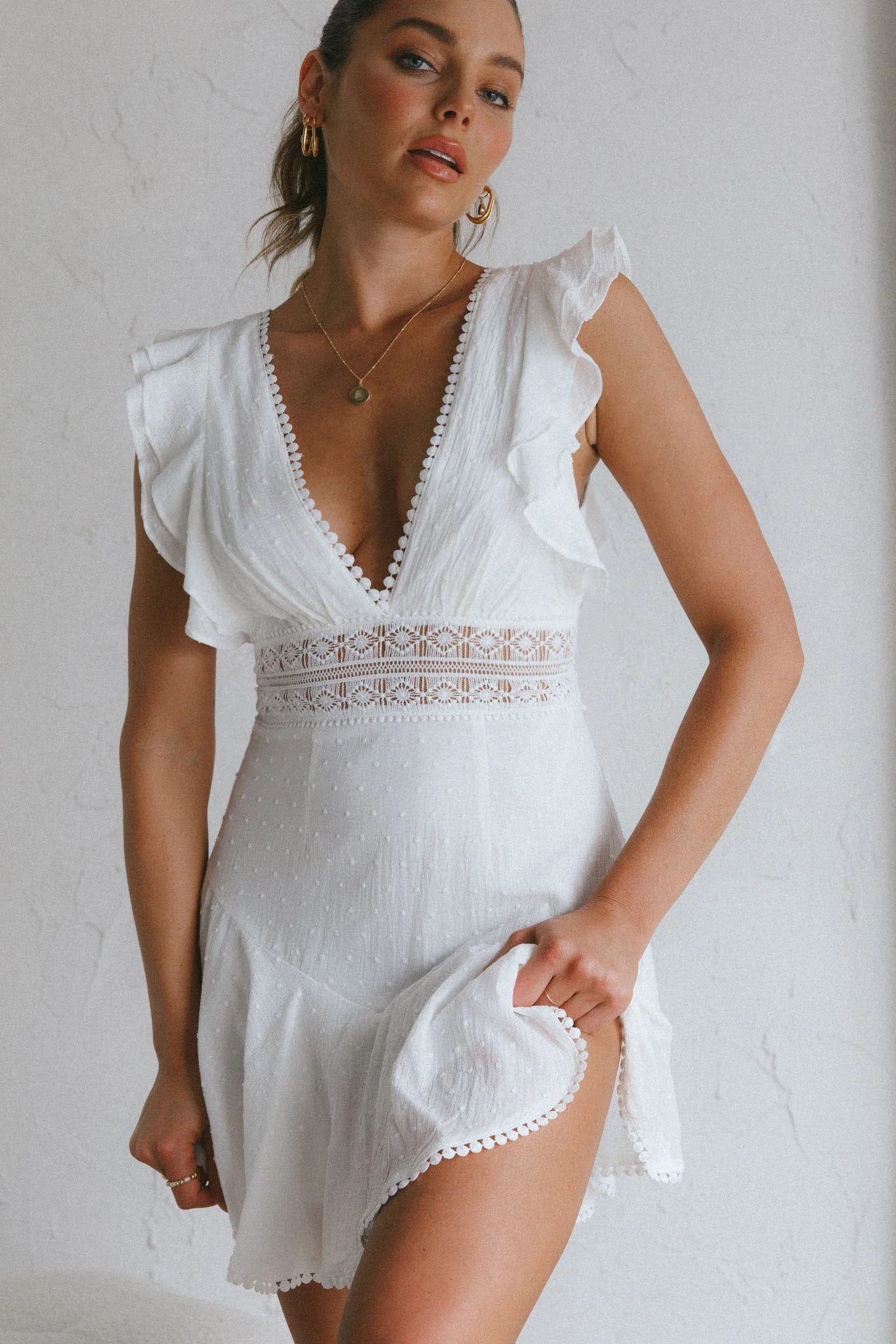 Idyllwild Ruffle Shoulder Mini Dress Off White - Image 5