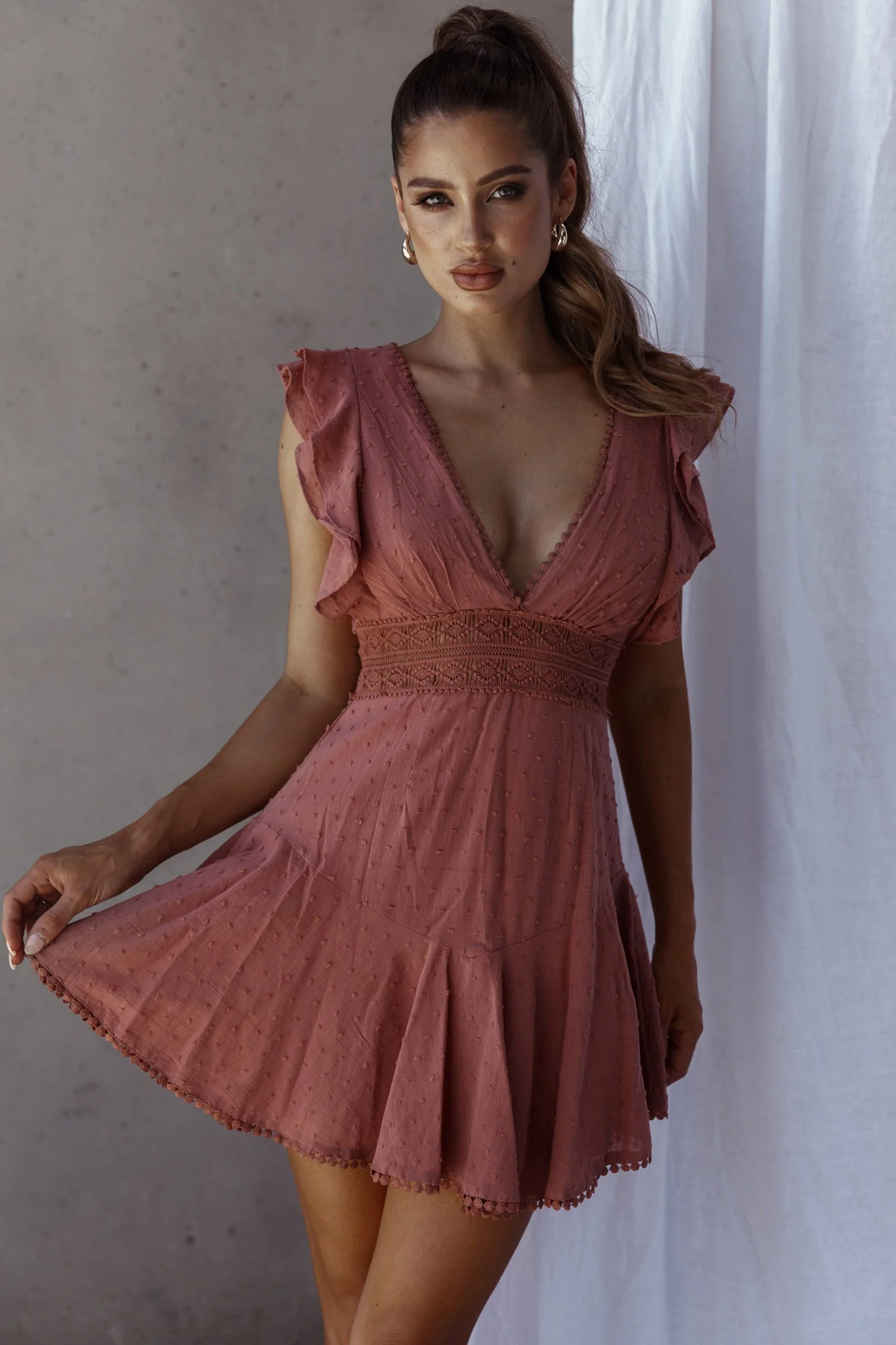 Idyllwild Ruffle Shoulder Mini Dress Rose - Image 5