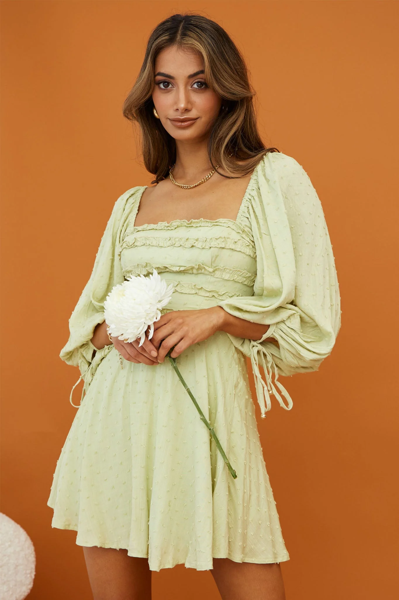 Illia Three-Quarter Balloon Sleeve Frill Bodice Dress Apple - Image 4