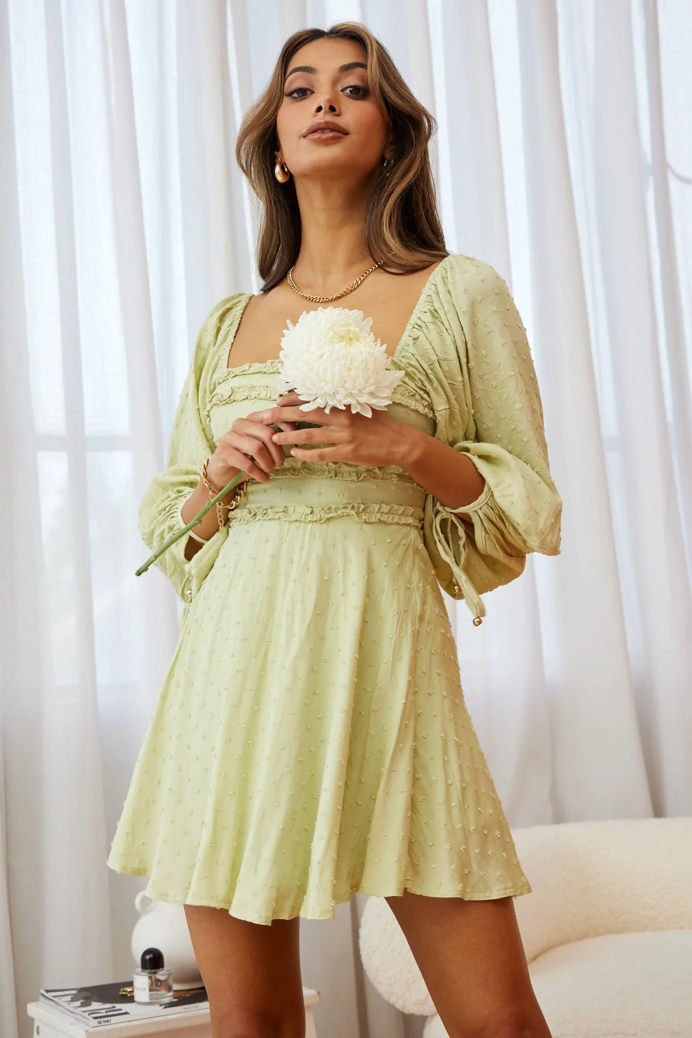 Illia Three-Quarter Balloon Sleeve Frill Bodice Dress Apple - Image 7