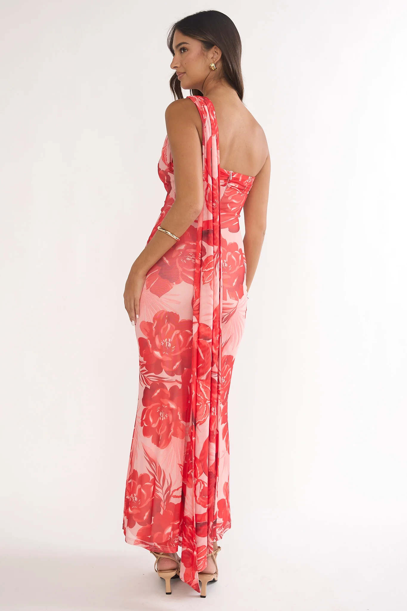 Ilyse Neck Scarf One-Shoulder Maxi Dress Floral Red - Image 3
