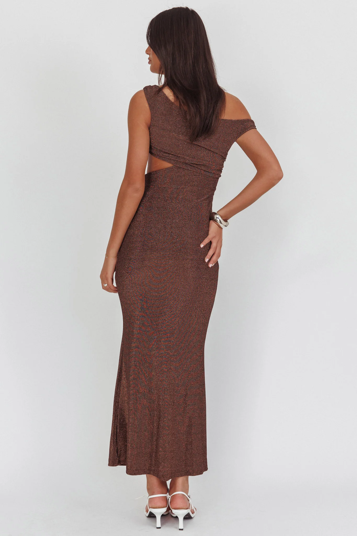 In Blooms Asymmetric Neckline Maxi Dress Shimmer Chocolate - Image 2
