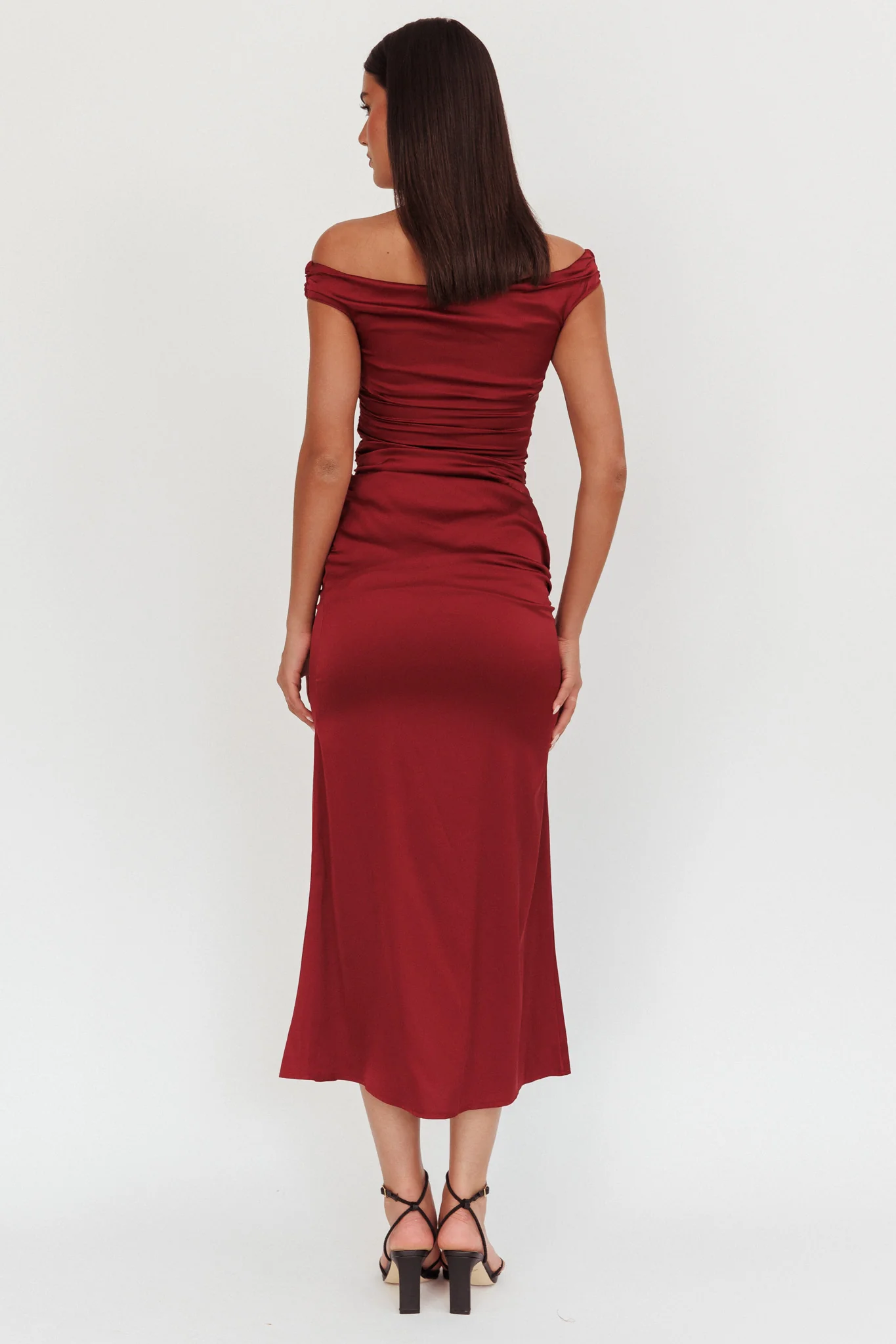In Blooms Off Shoulder Satin Maxi Dress Wine - Image 2