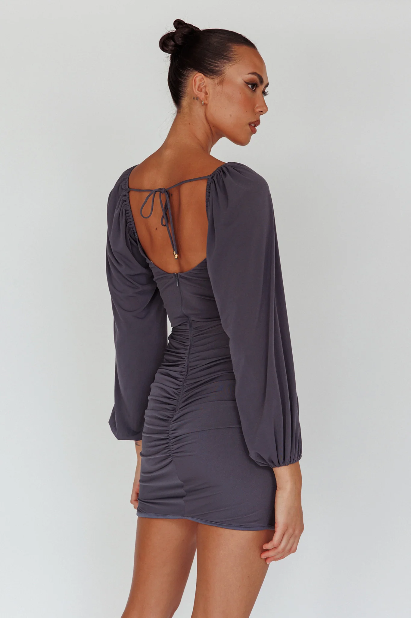 In Luck Cut-Out Waist Ruched Mini Dress Charcoal - Image 2