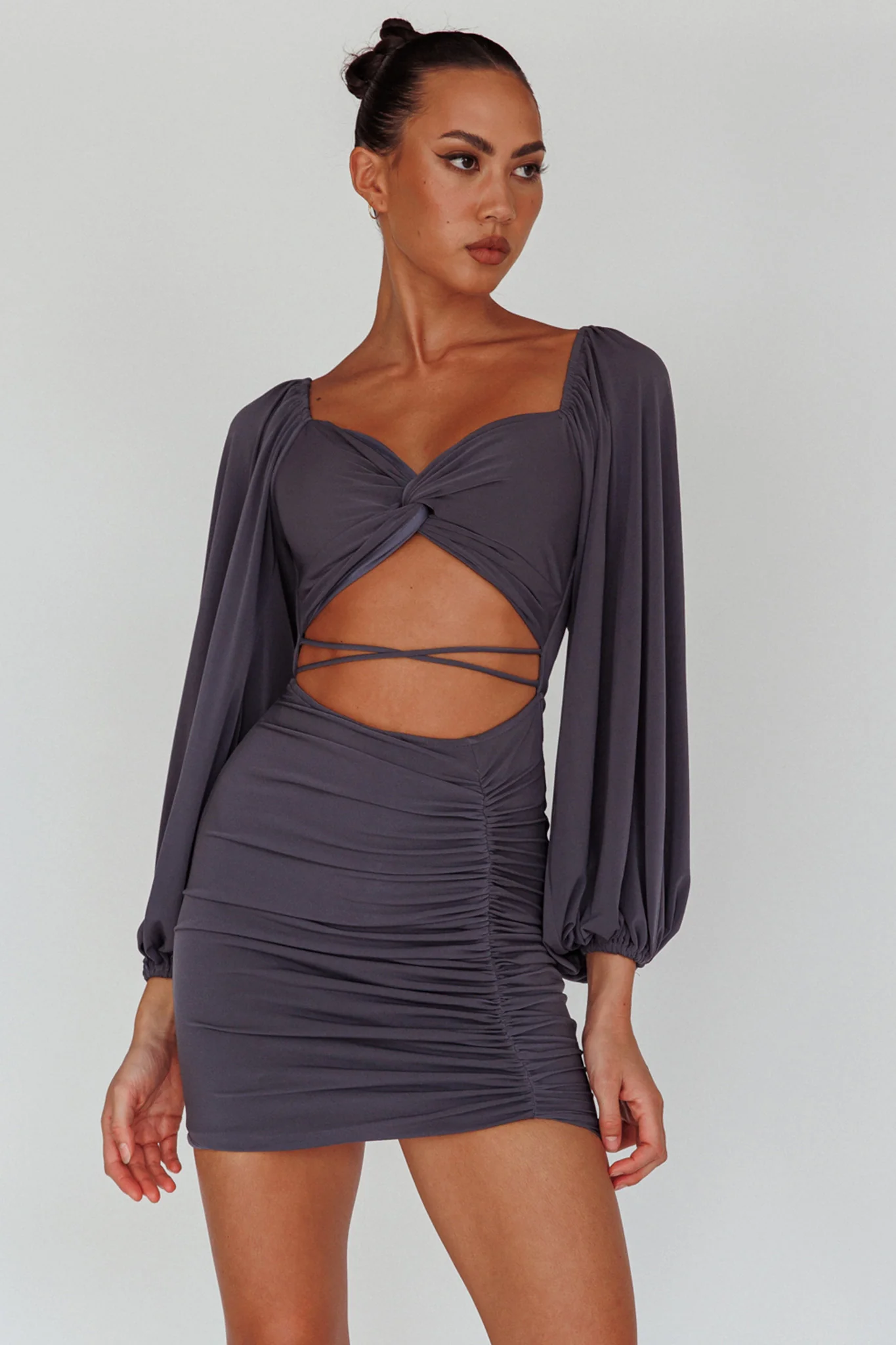 In Luck Cut-Out Waist Ruched Mini Dress Charcoal - Image 5