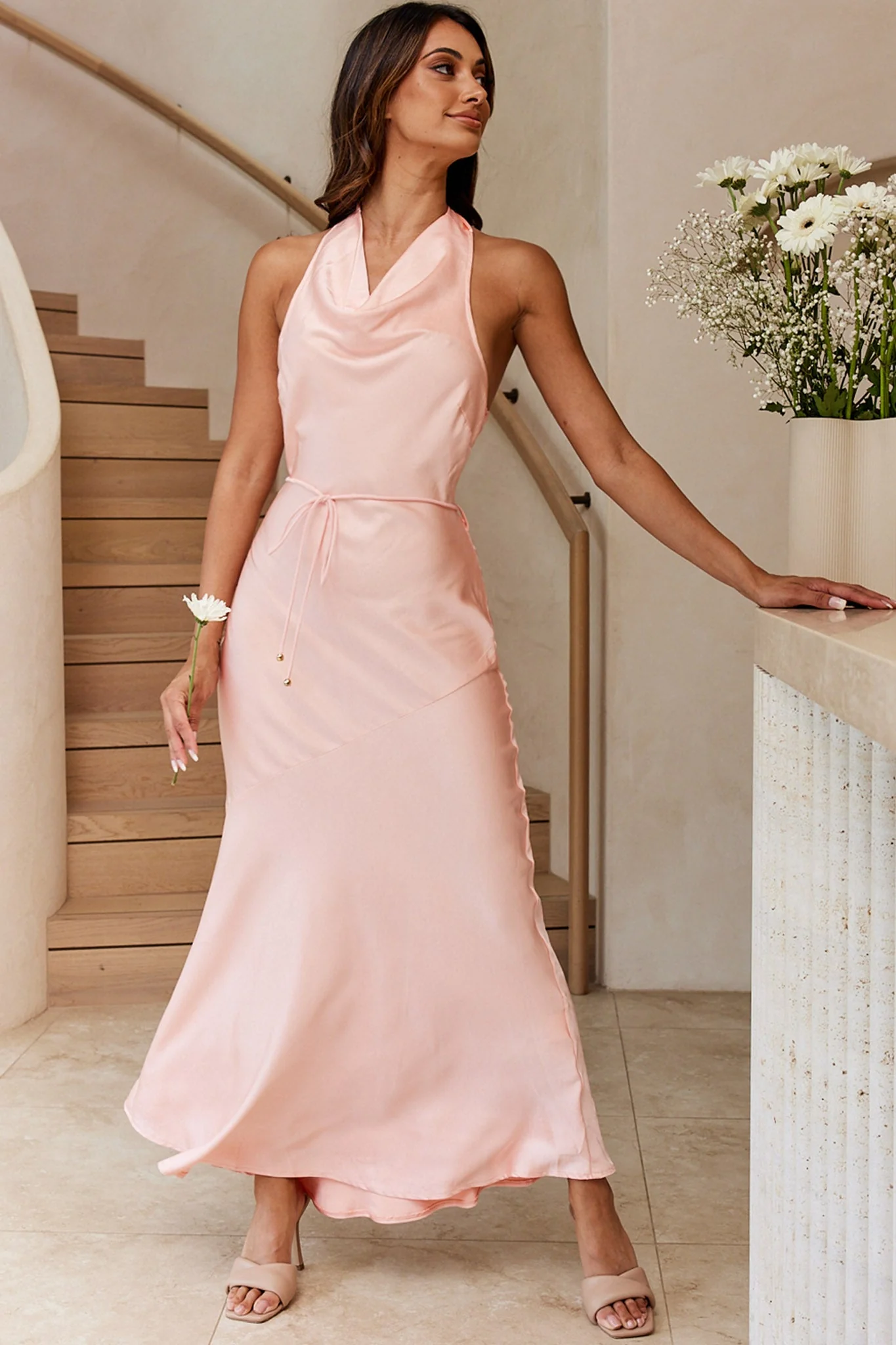 India Cowl Halterneck Satin Maxi Dress Blush - Image 5