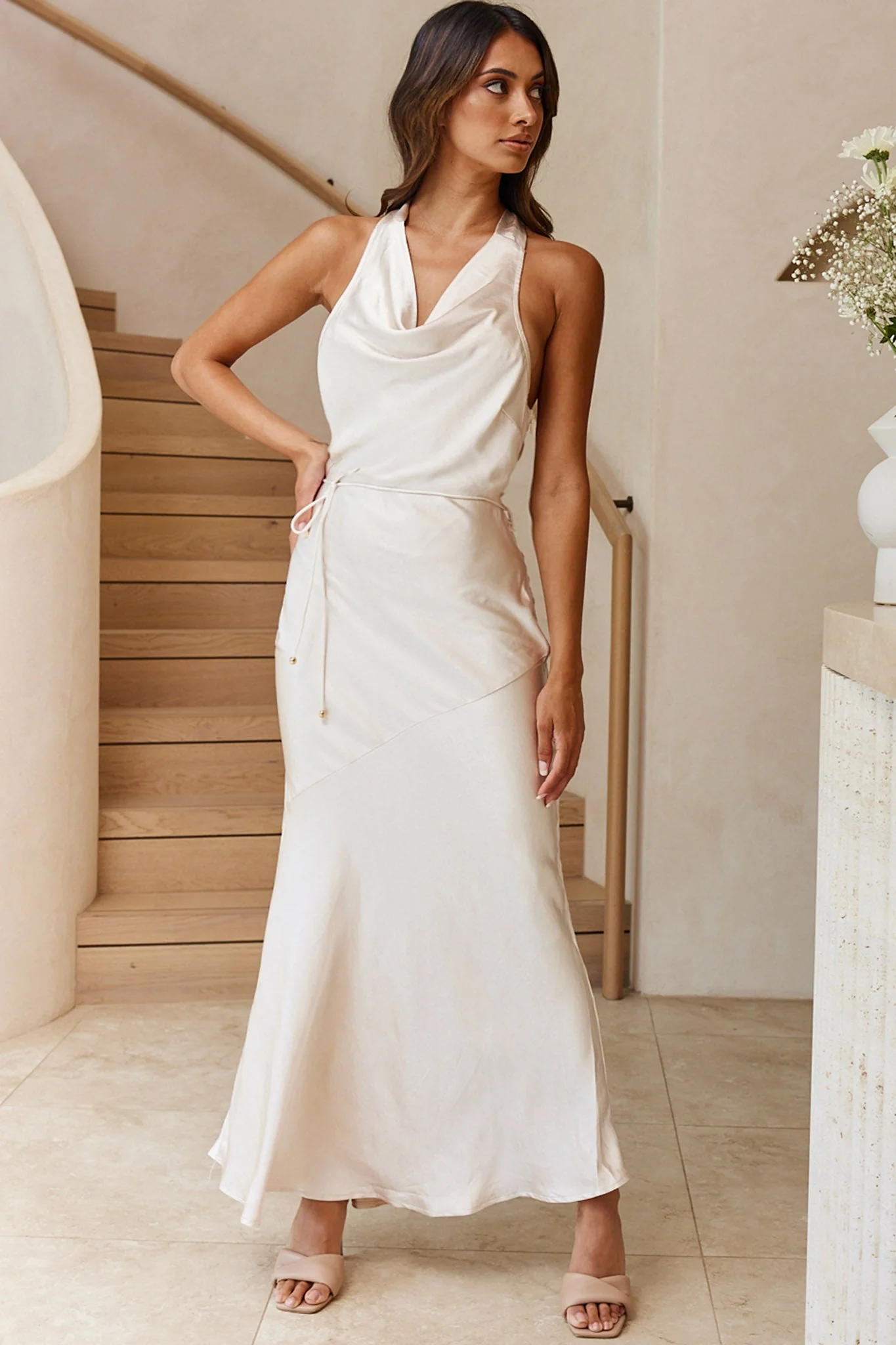 India Cowl Halterneck Satin Maxi Dress Champagne - Image 3