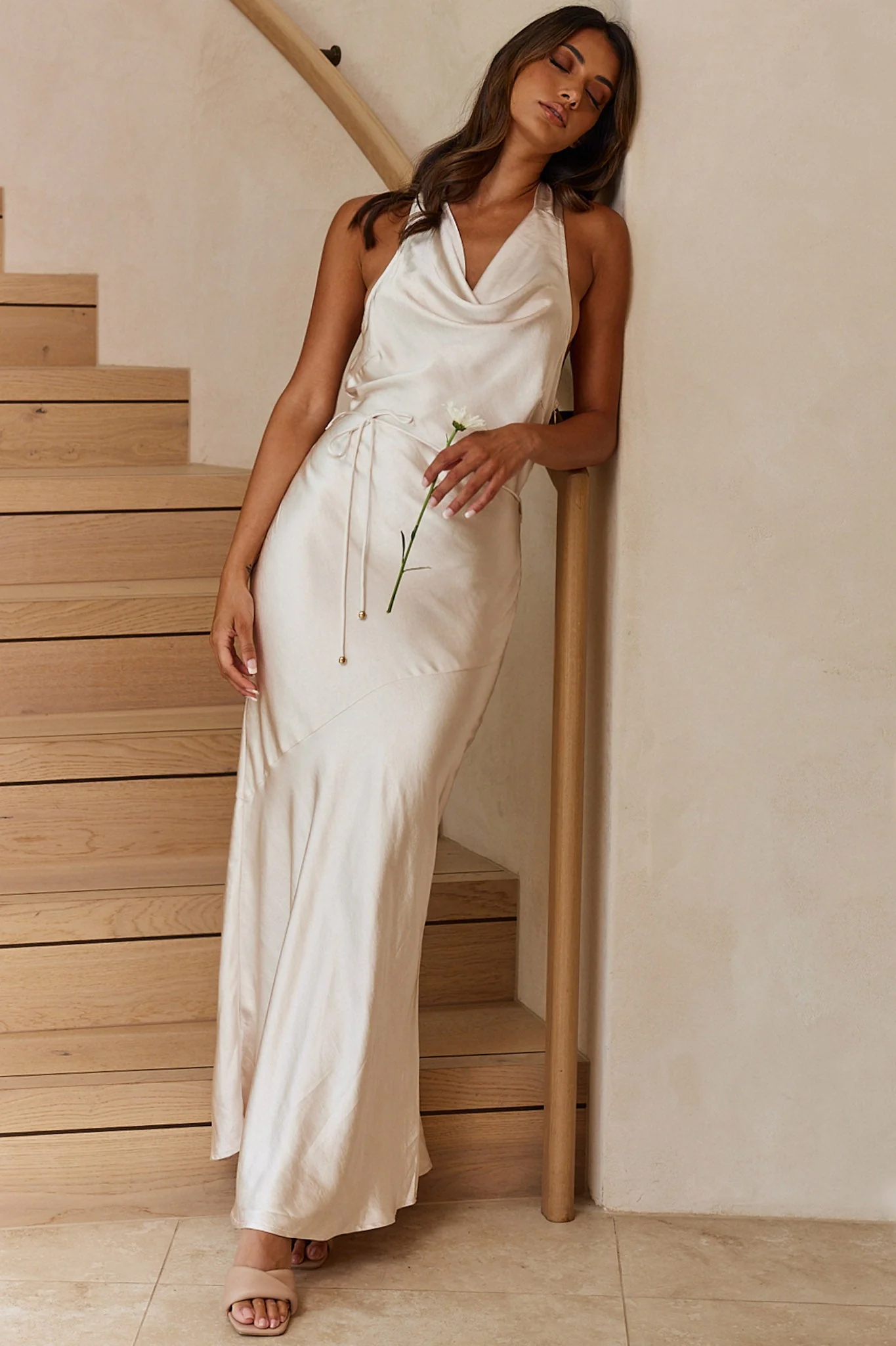 India Cowl Halterneck Satin Maxi Dress Champagne - Image 5