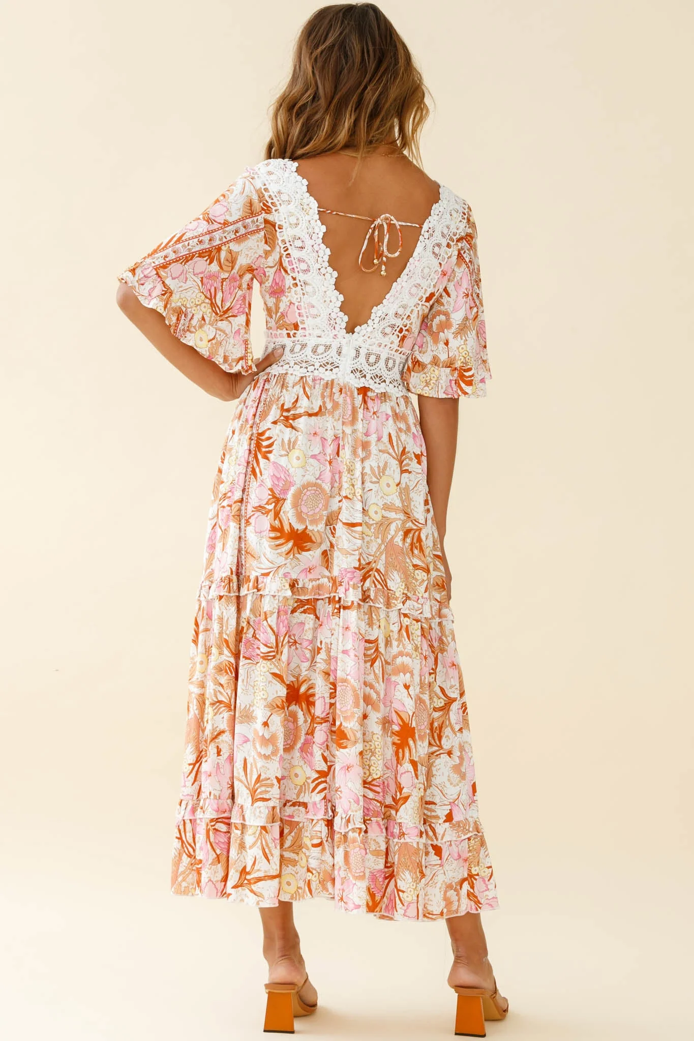 Indio Crochet Insert Deep V-Neckline Angel Sleeve Maxi Dress Floral Print Pink - Image 2