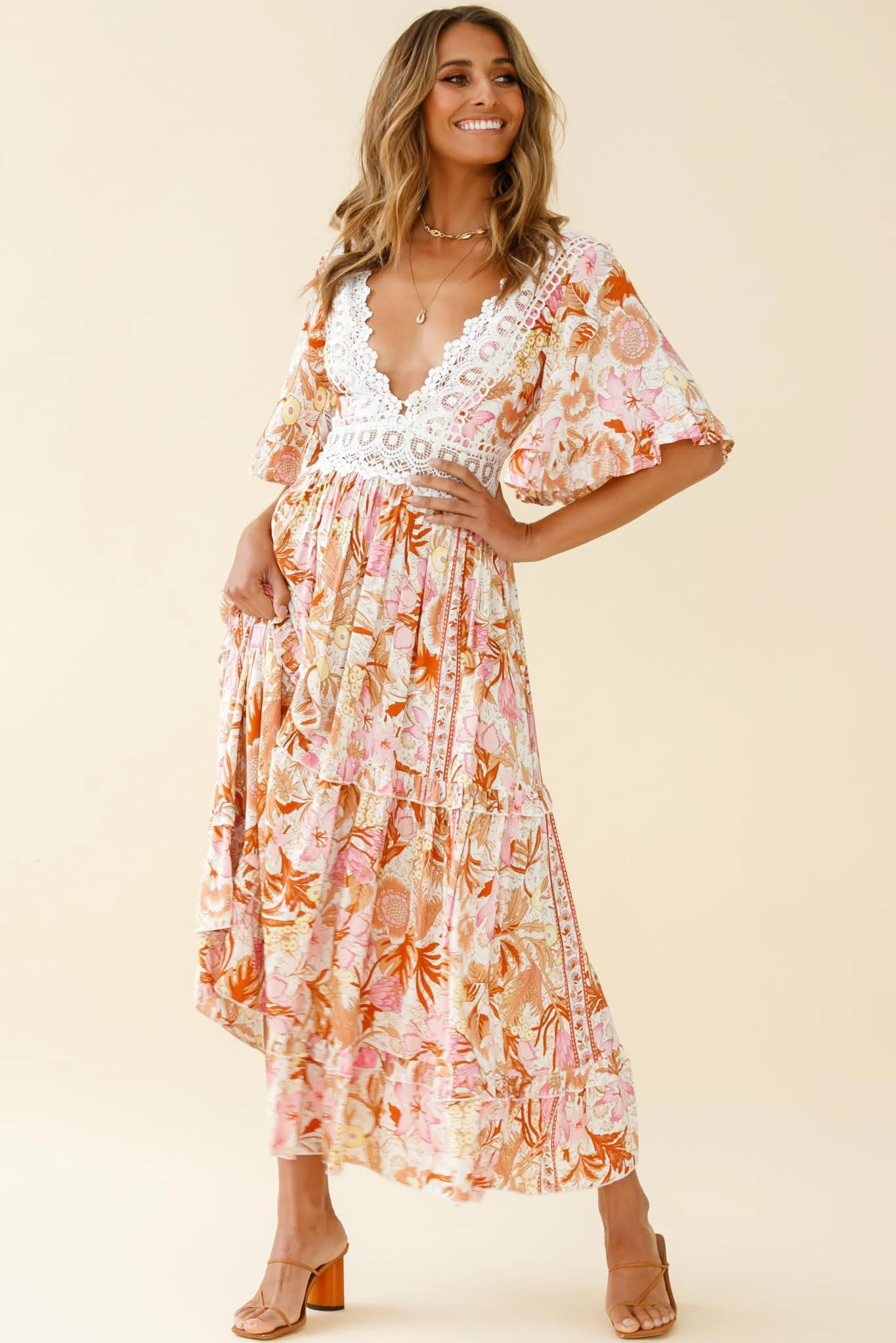 Indio Crochet Insert Deep V-Neckline Angel Sleeve Maxi Dress Floral Print Pink - Image 3
