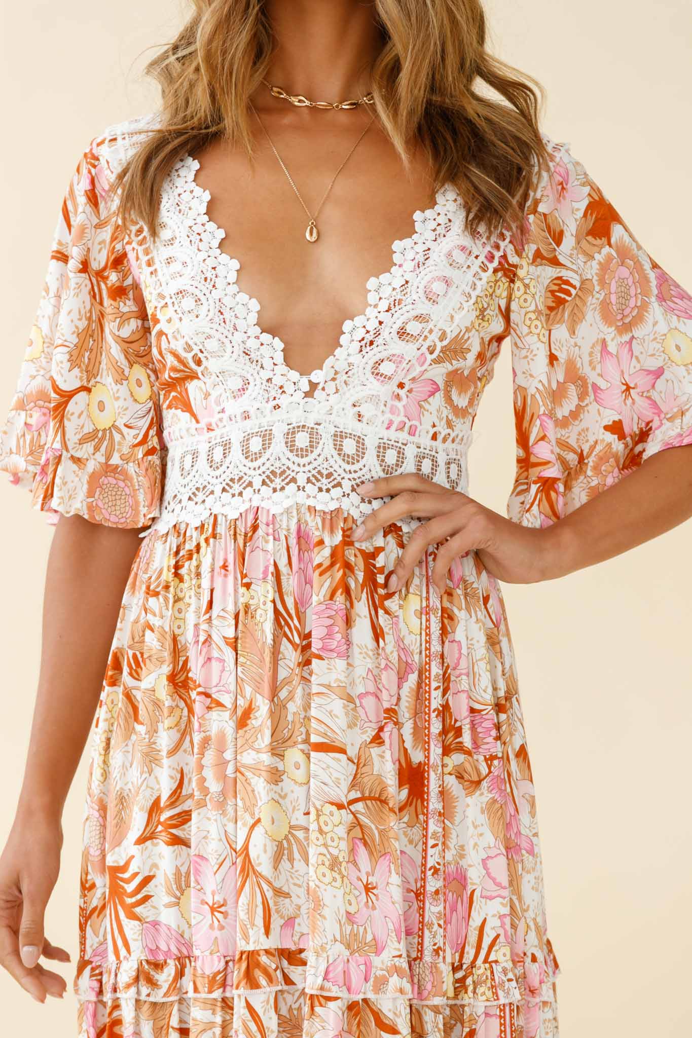 Indio Crochet Insert Deep V-Neckline Angel Sleeve Maxi Dress Floral Print Pink - Image 4