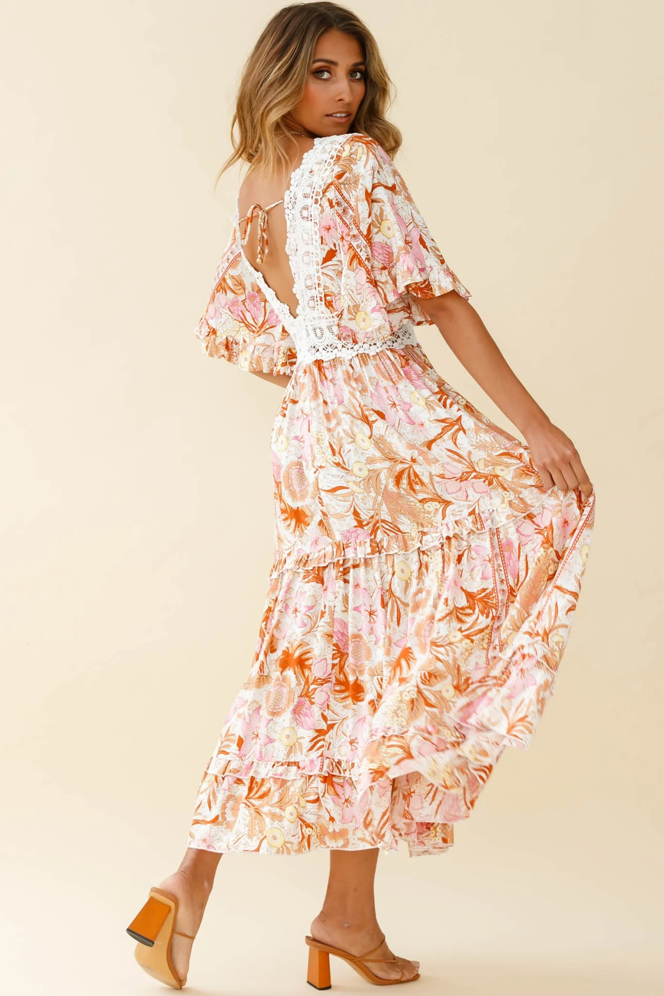 Indio Crochet Insert Deep V-Neckline Angel Sleeve Maxi Dress Floral Print Pink - Image 5