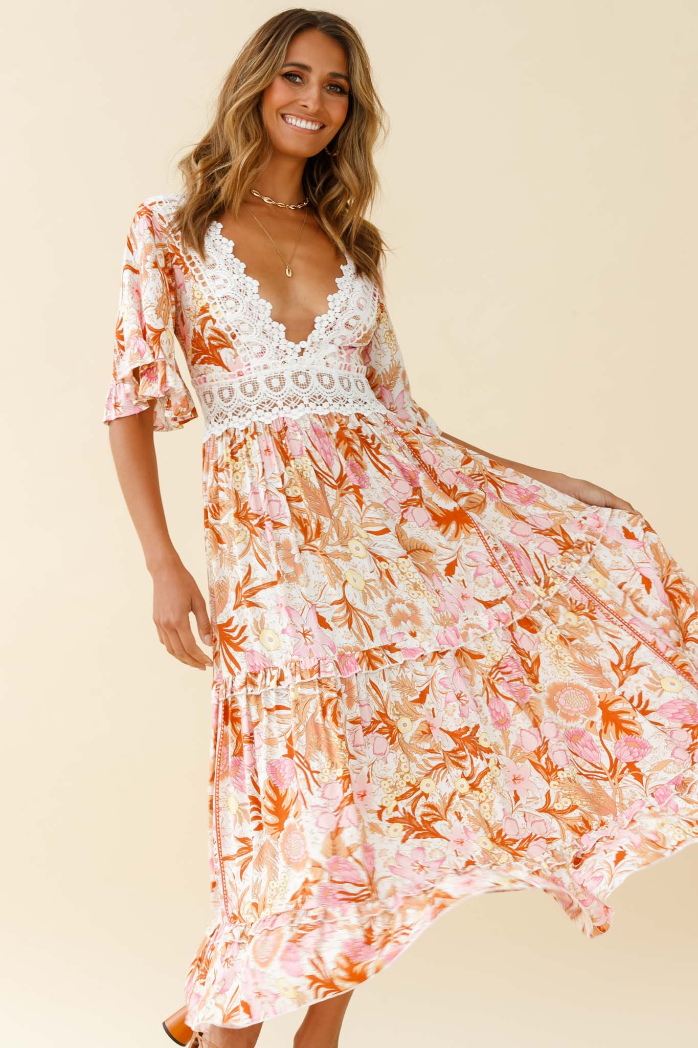 Indio Crochet Insert Deep V-Neckline Angel Sleeve Maxi Dress Floral Print Pink - Image 6