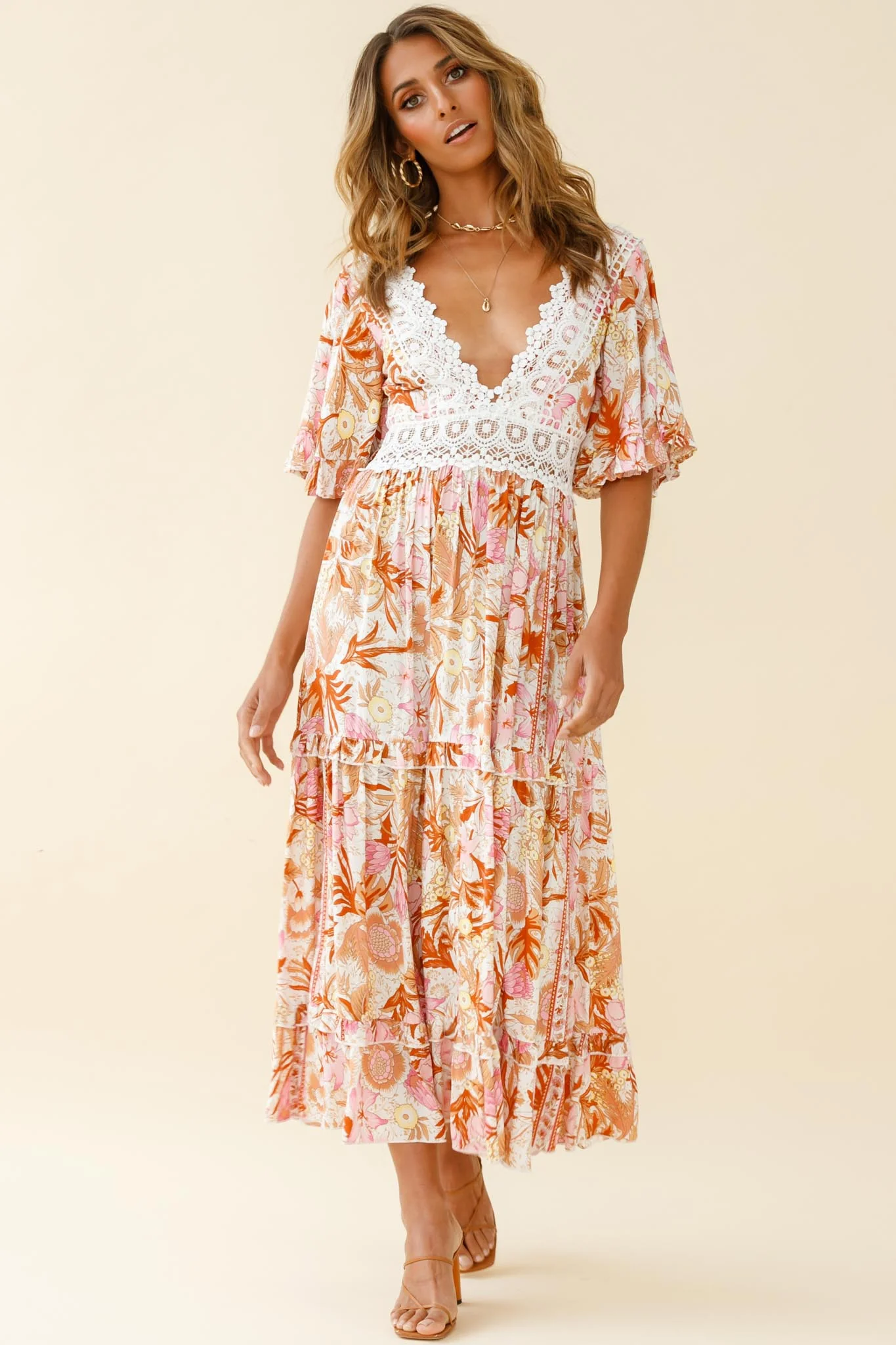 Indio Crochet Insert Deep V-Neckline Angel Sleeve Maxi Dress Floral Print Pink - Image 7