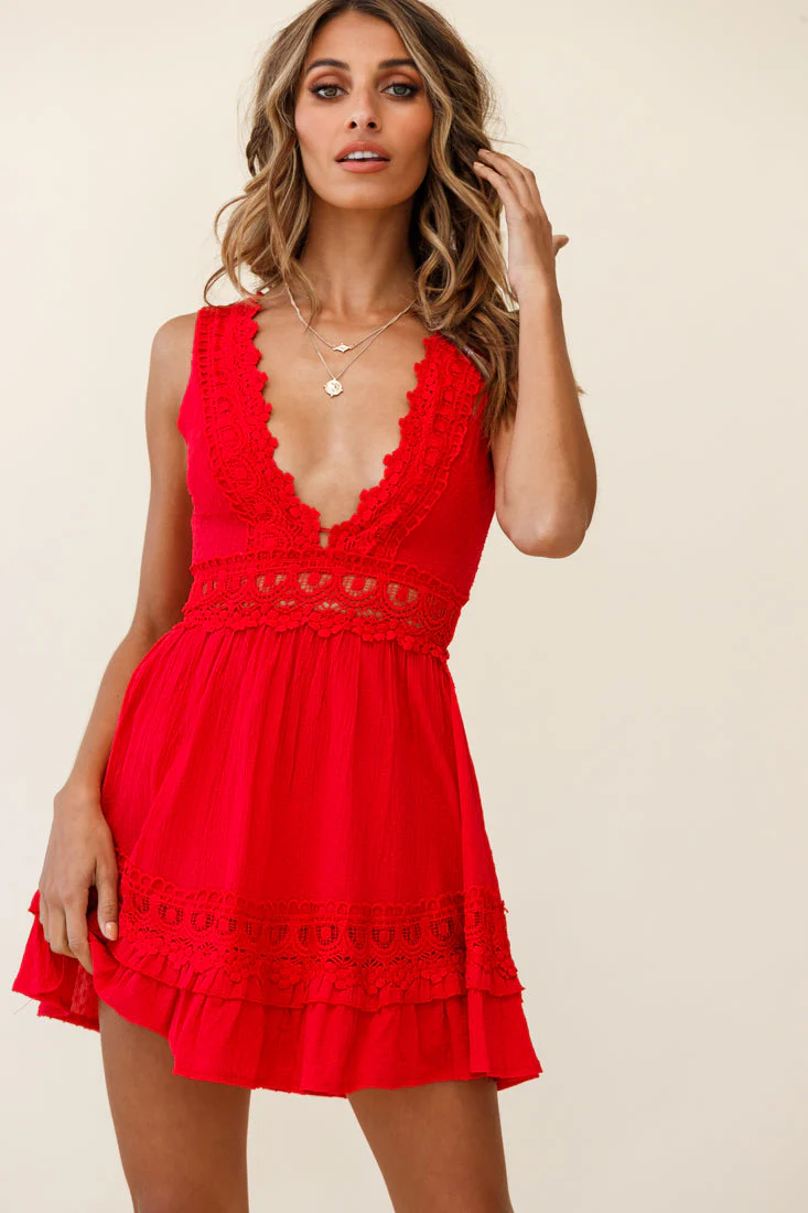 Indio Crochet Insert Deep V-Neckline Dress Red - Image 4