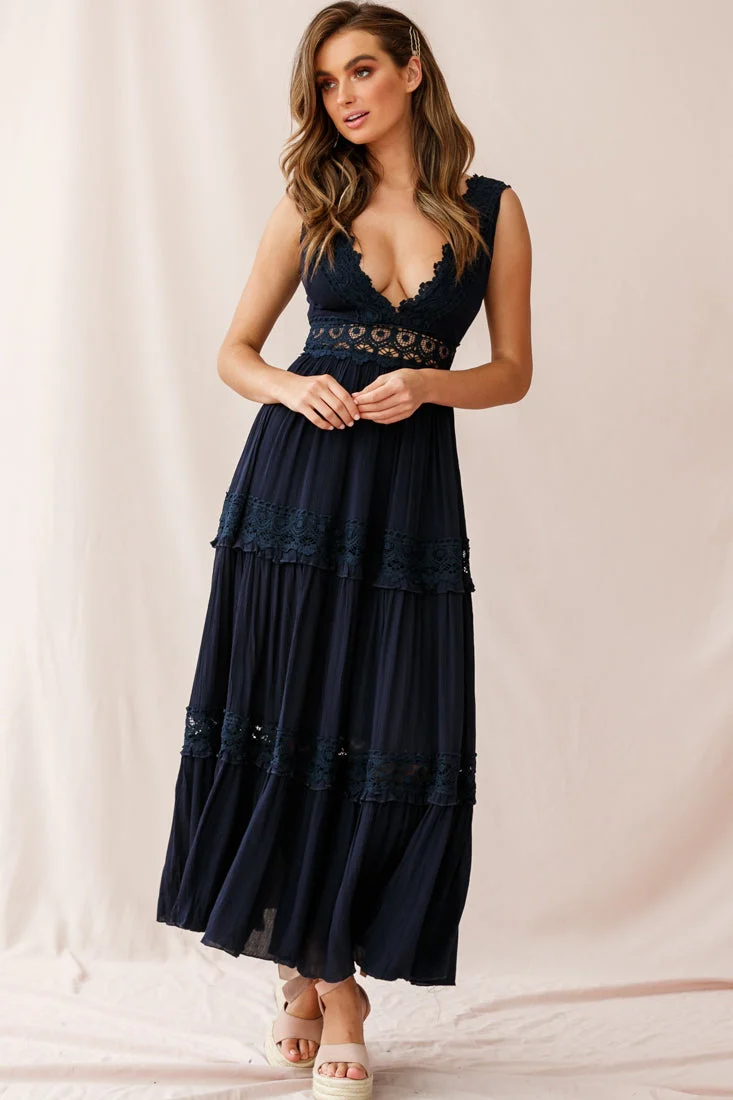 Indio Crochet Insert Deep V-Neckline Maxi Dress Navy - Image 2
