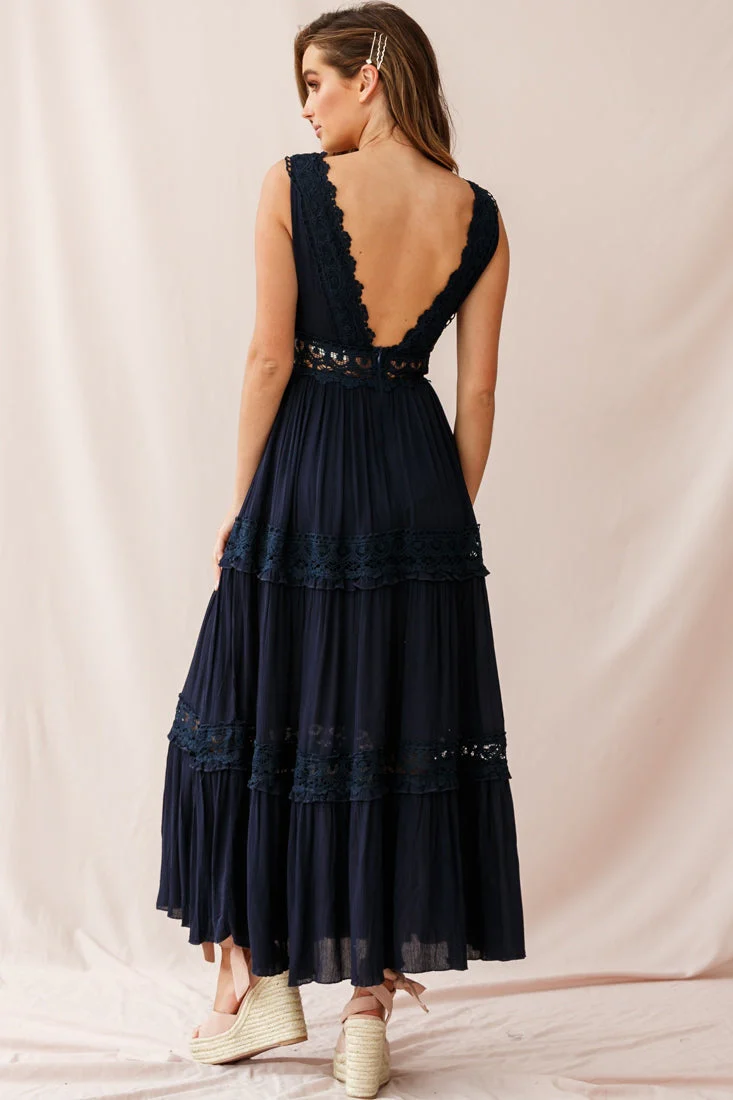 Indio Crochet Insert Deep V-Neckline Maxi Dress Navy - Image 4