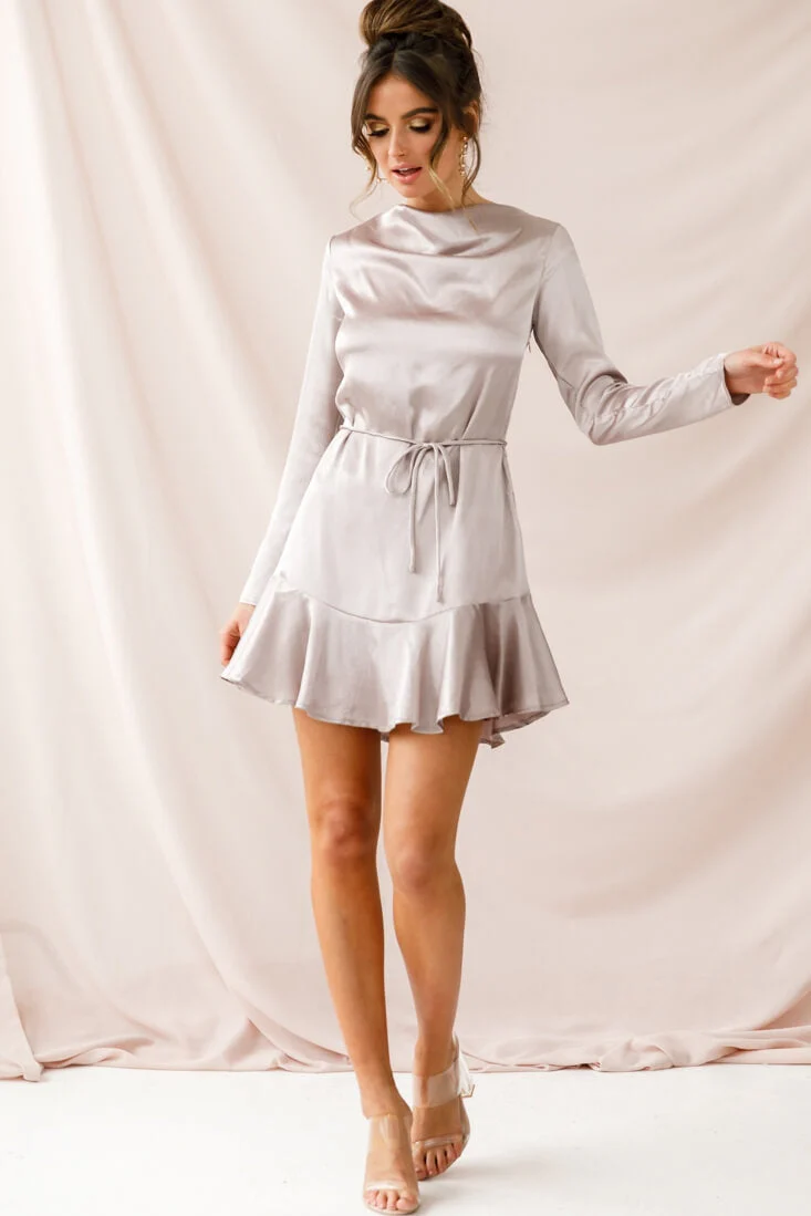 Interstellar Ruffle Hem Long Sleeve Dress Champagne - Image 3
