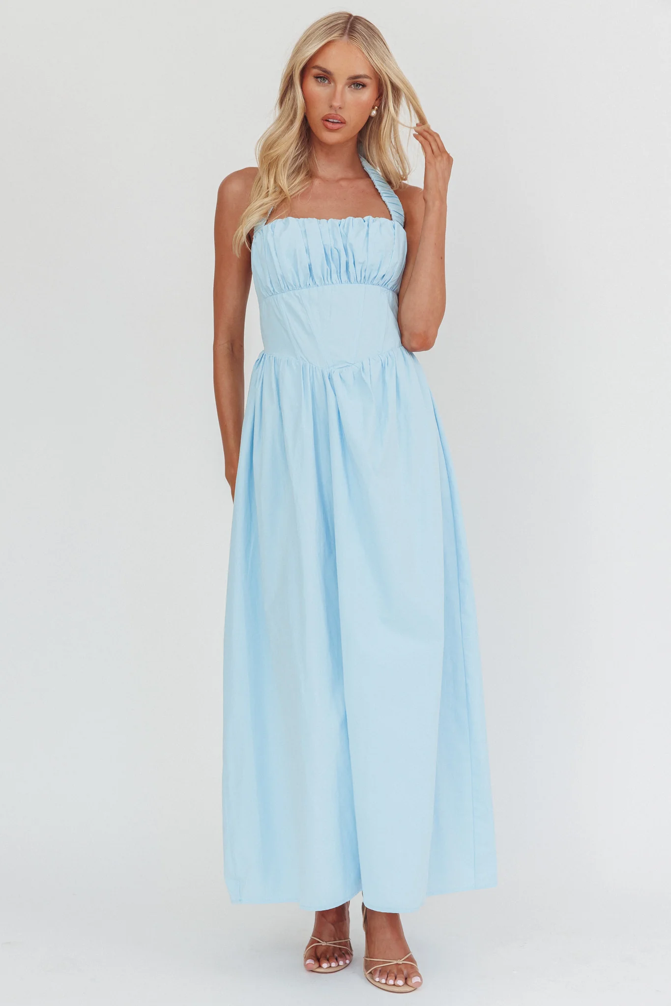 Irisa Elasticated Halter Maxi Dress Ice Blue - Image 4