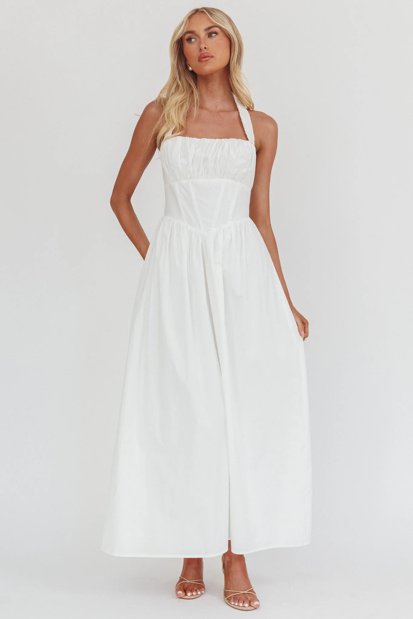 Irisa Elasticated Halter Maxi Dress White - Image 4