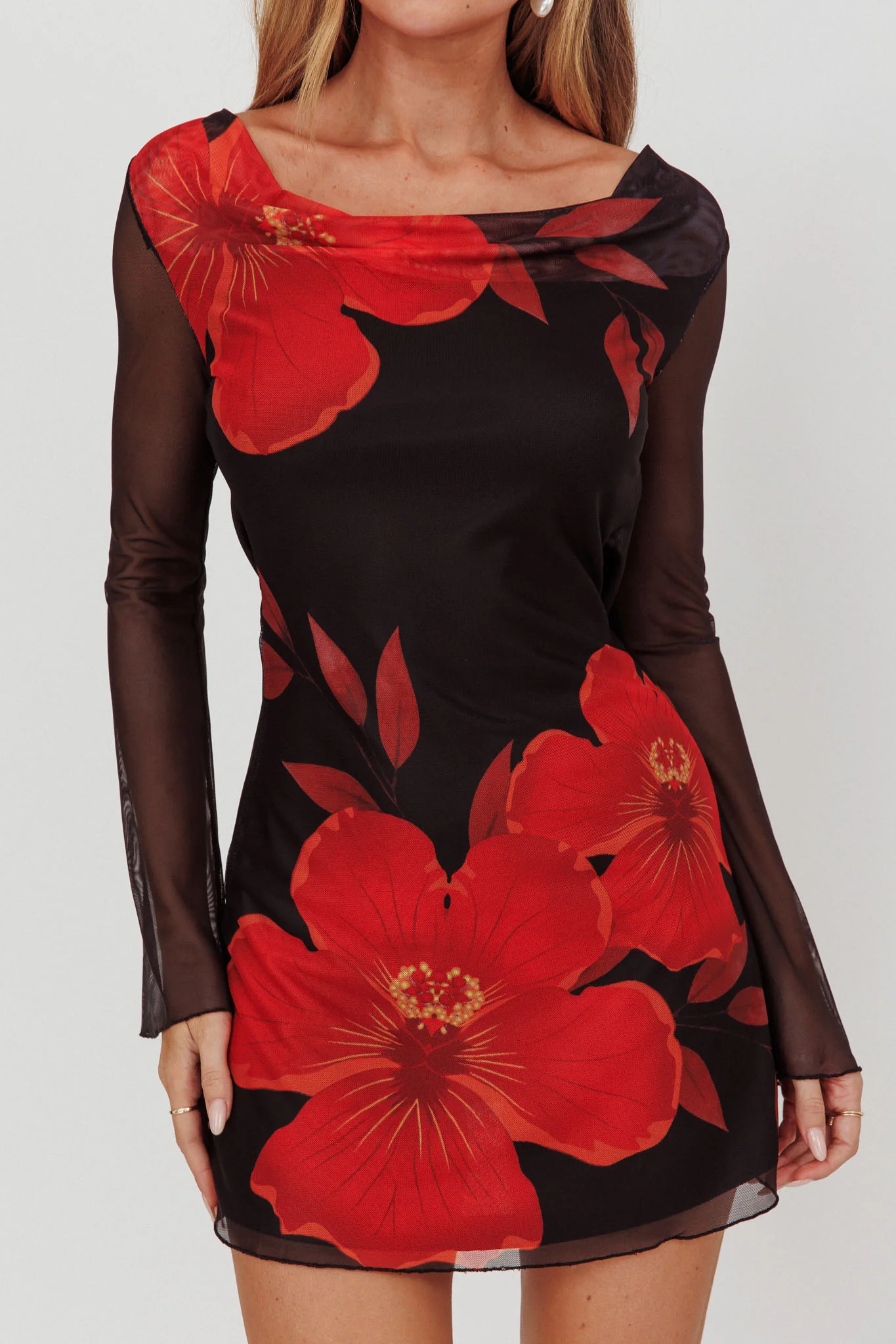 Isabella Long Sleeve Backless Mini Dress Hibiscus Black - Image 3