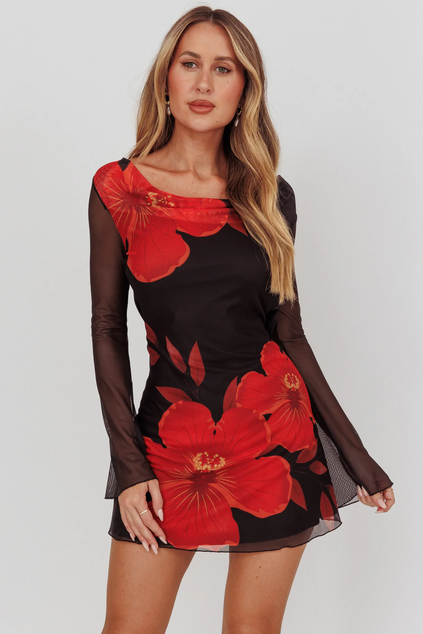 Isabella Long Sleeve Backless Mini Dress Hibiscus Black - Image 5