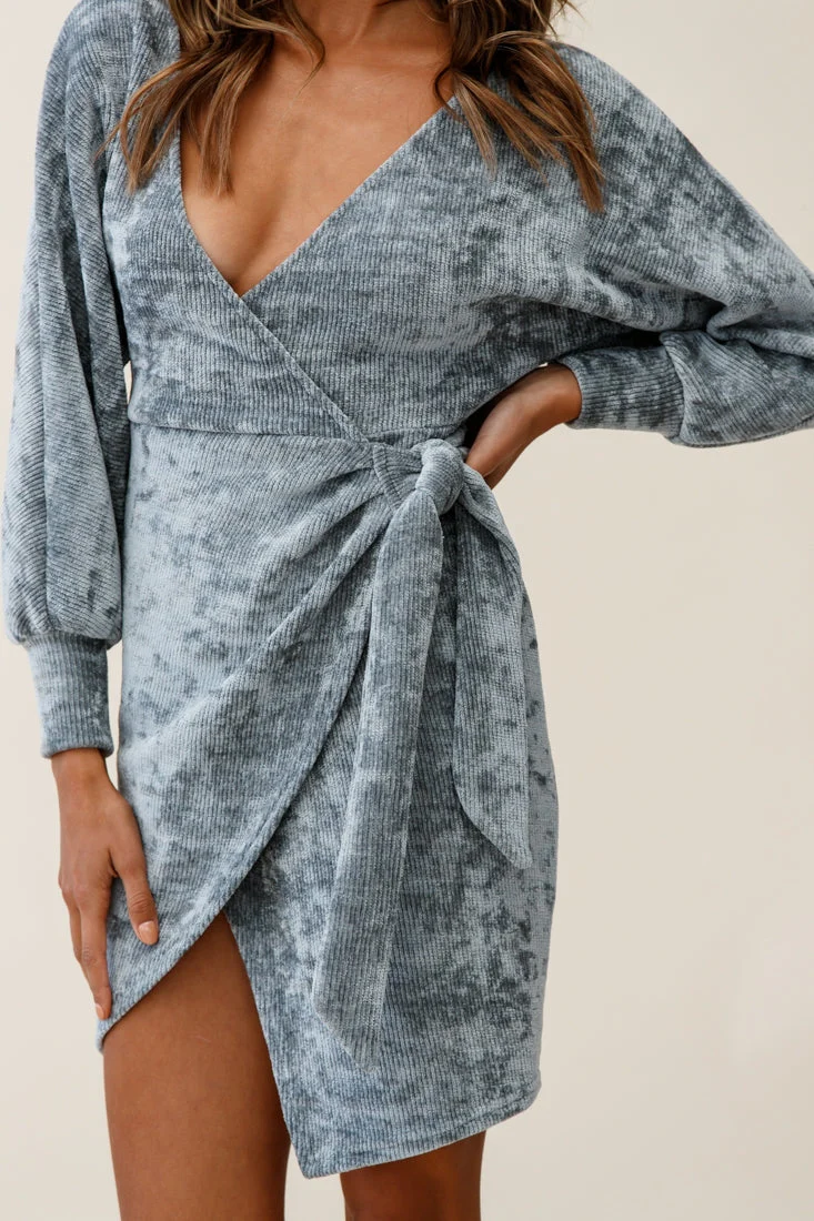 Isolde Ribbed Velour Wrap Dress Grey - Image 4