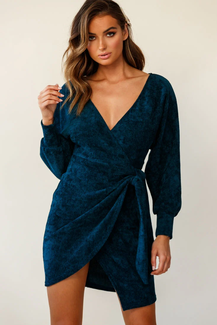 Isolde Ribbed Velour Wrap Dress Teal - Image 6